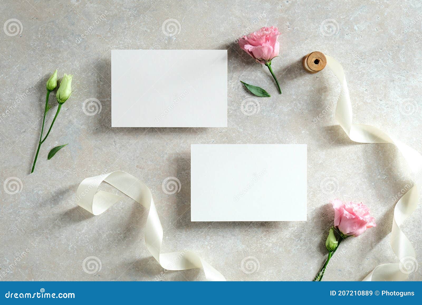 Flat Lay With Bouquet Of Roses Ribbon And Envelope Isolated On