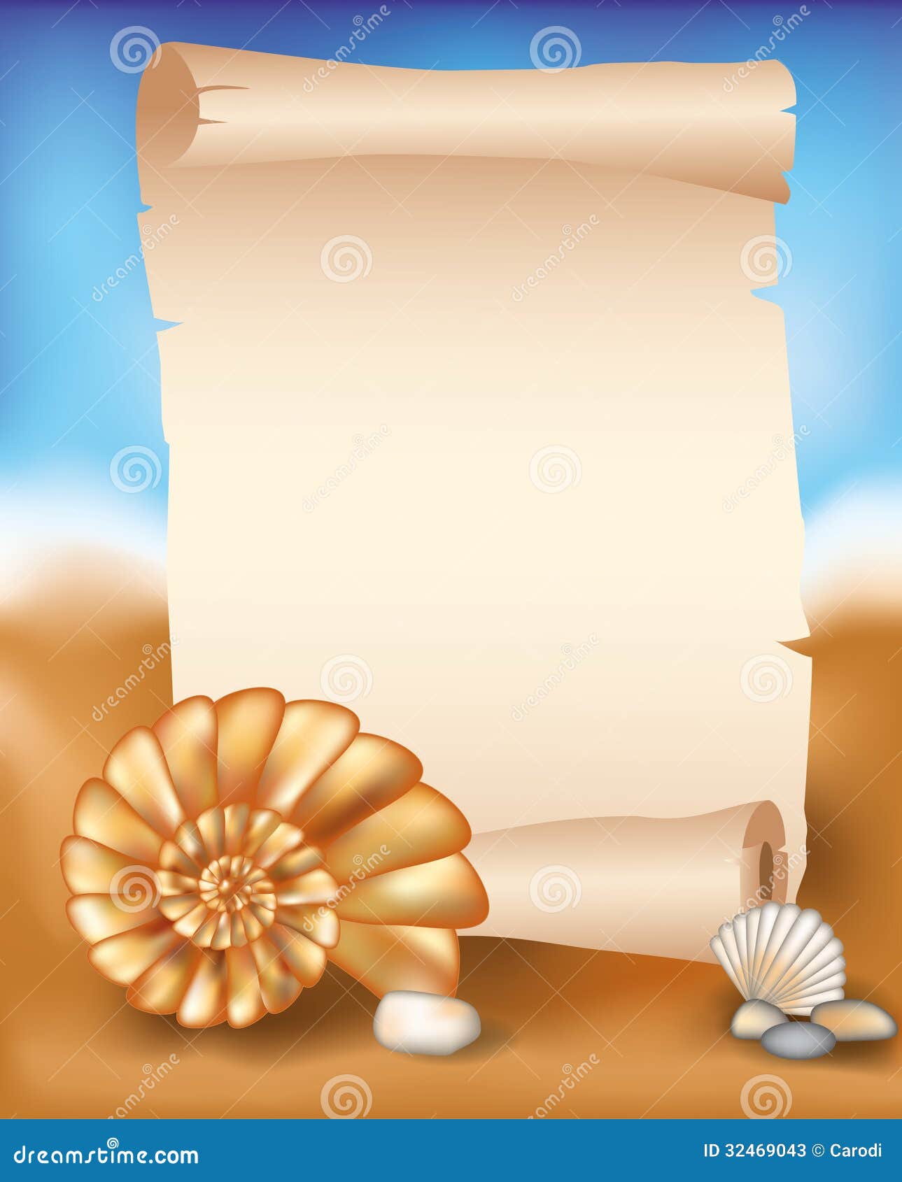 blank paper scroll on summer background with seash