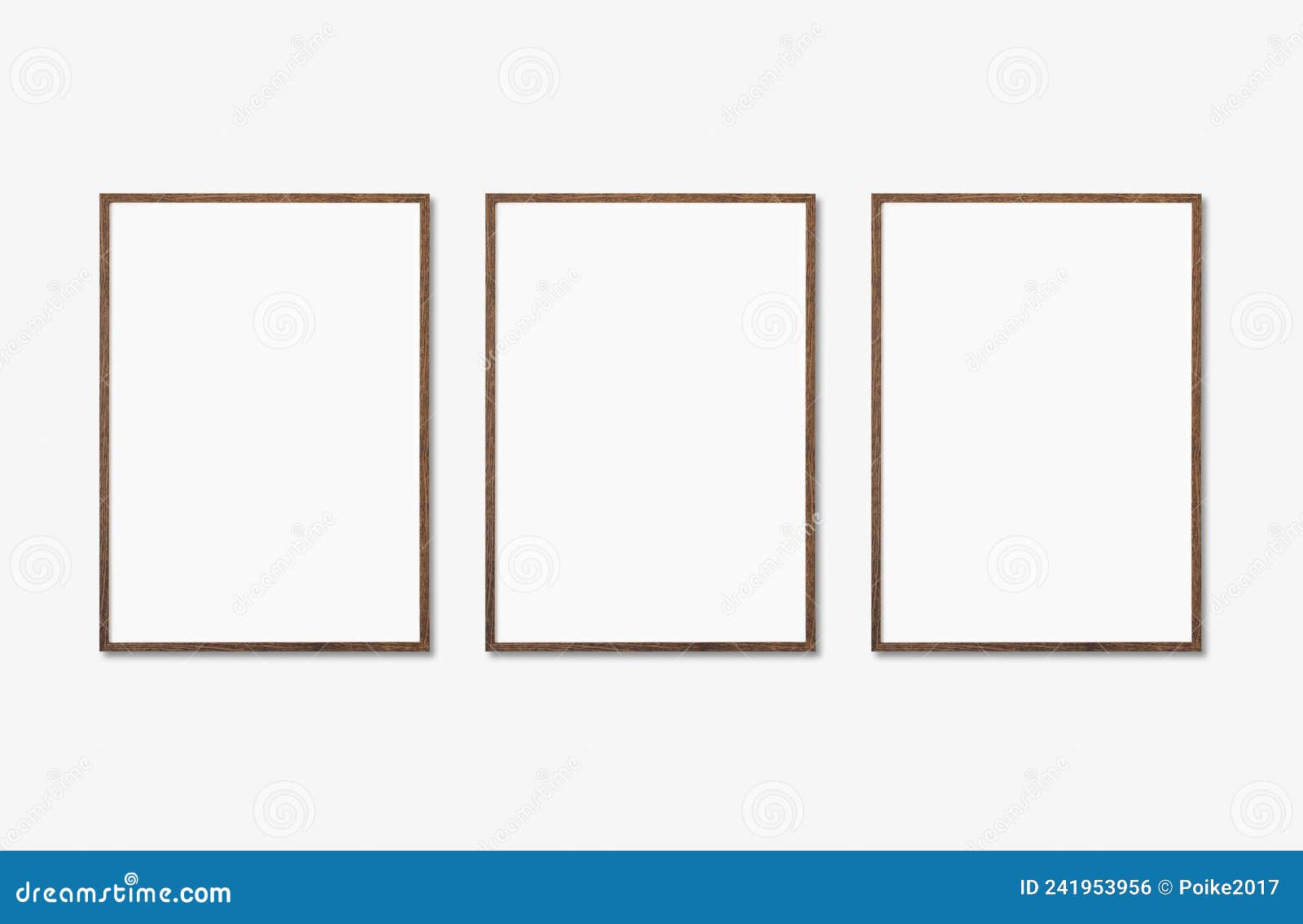blank picture frame mockup on white wall. set of three thin brown wood frames. gallery wall mockup, set of 3 frames template for a