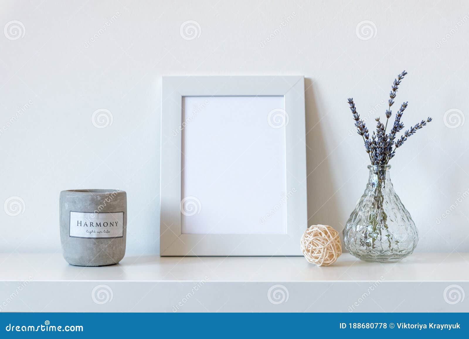 Download Blank Picture Frame Next To Lavender Flowers In Glass Vase And Scented Candle Mock Up Stock Photo Image Of Poster Decoration 188680778