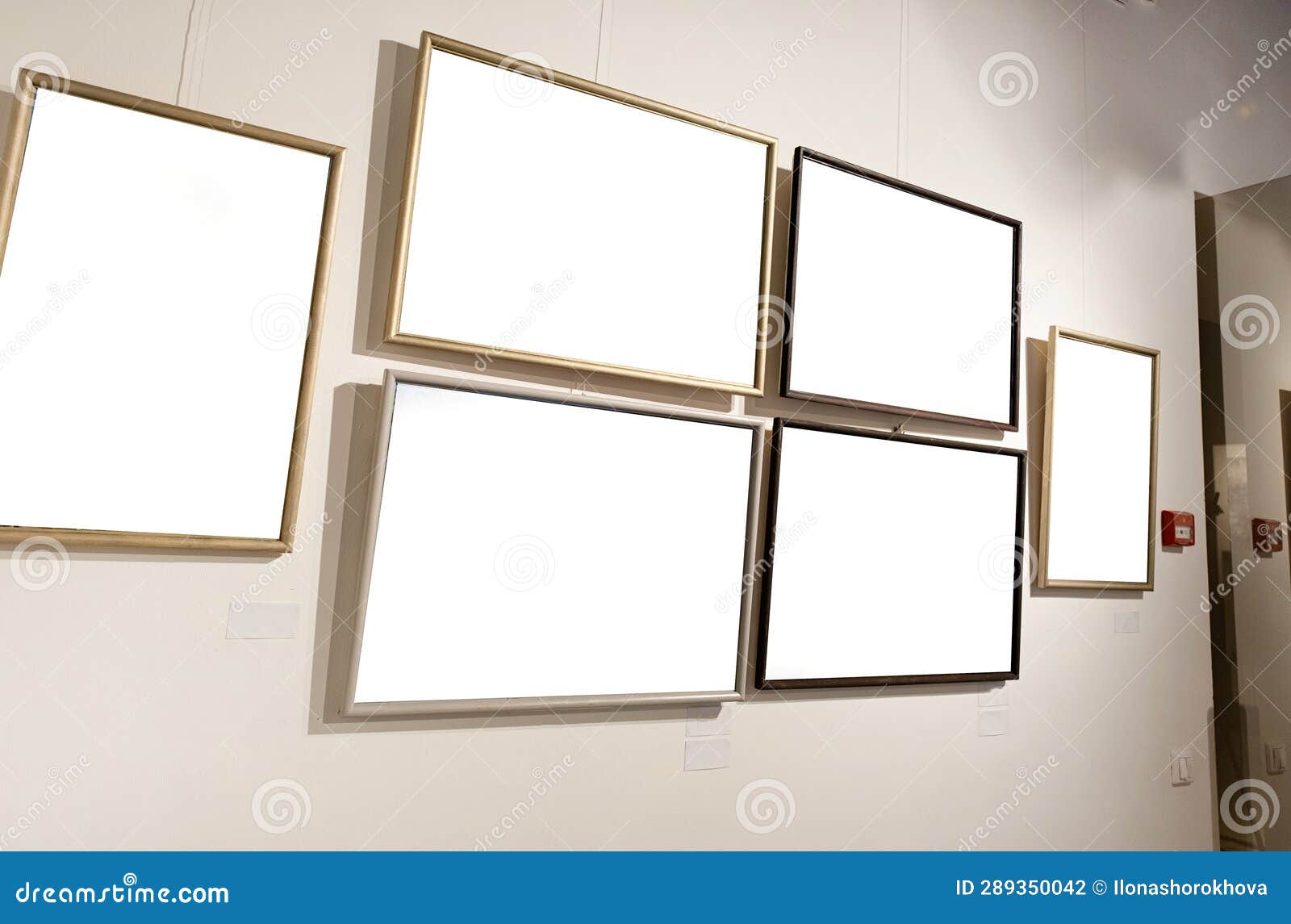 Blank Picture Frames on Grey Wall with Glowing Lamp, Mock Up Stock Photo Image of mock