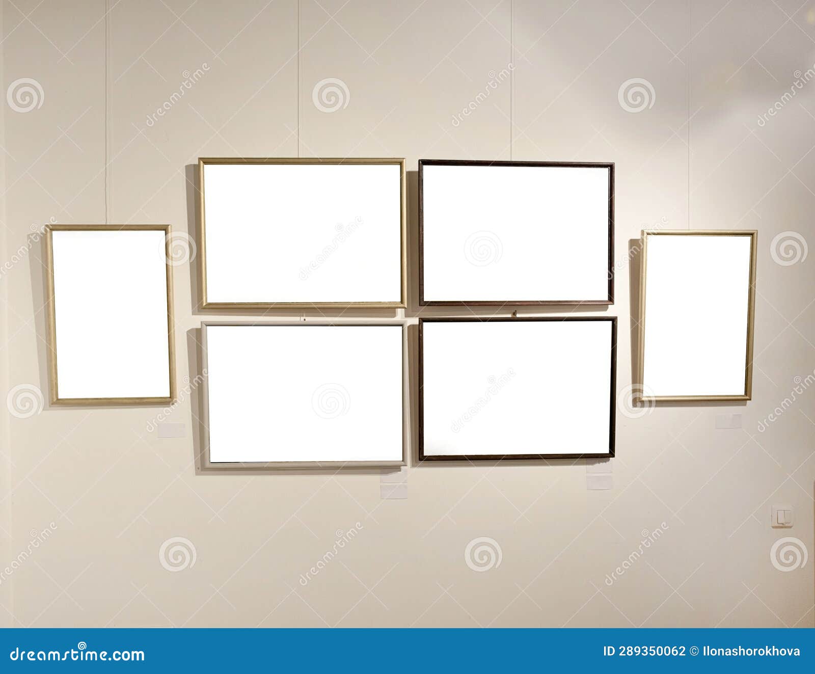 Blank Picture Frames on Grey Wall with Glowing Lamp, Mock Up Stock Photo Image of light, floor