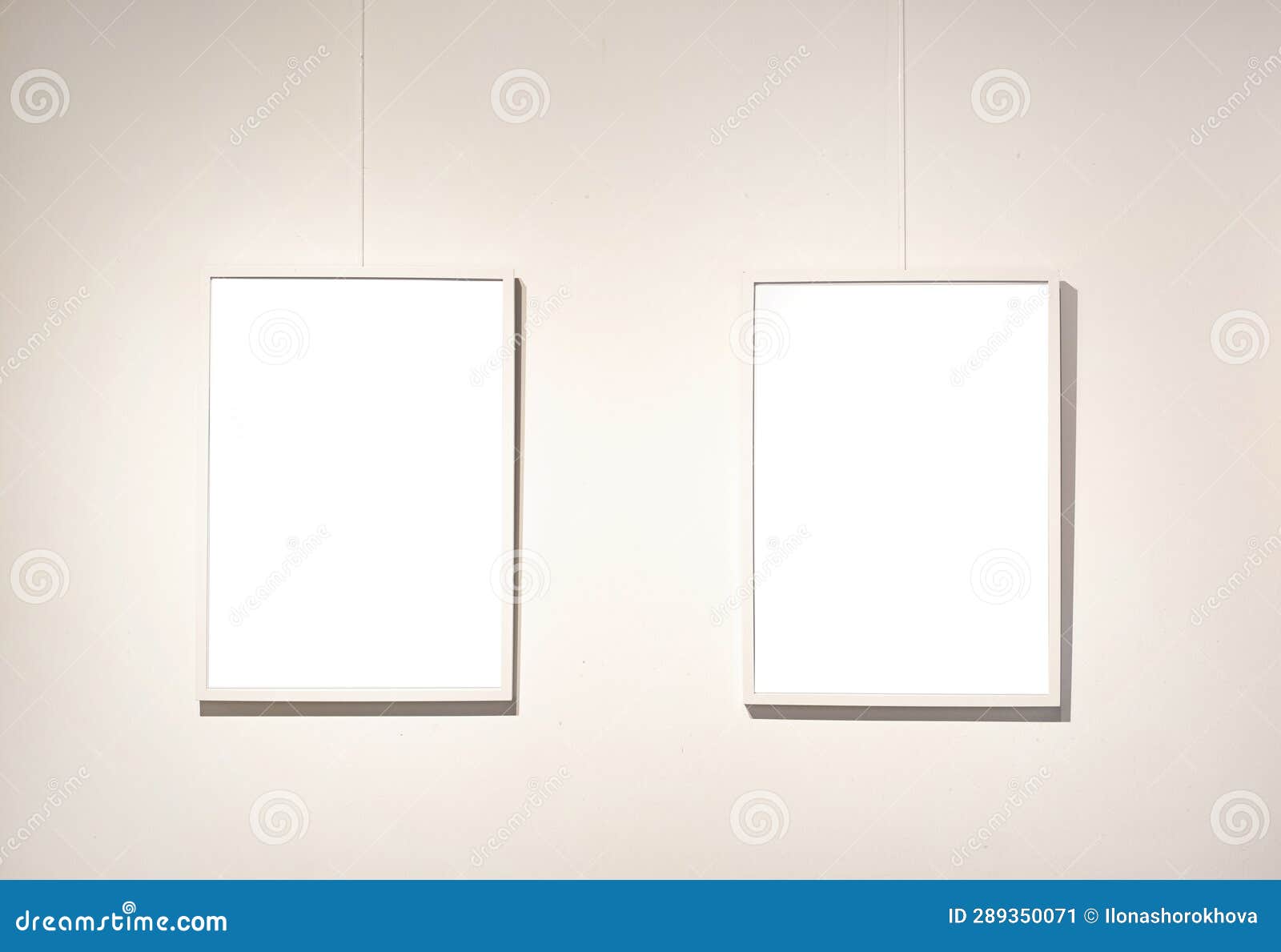 Blank Picture Frames on Grey Wall with Glowing Lamp, Mock Up Stock