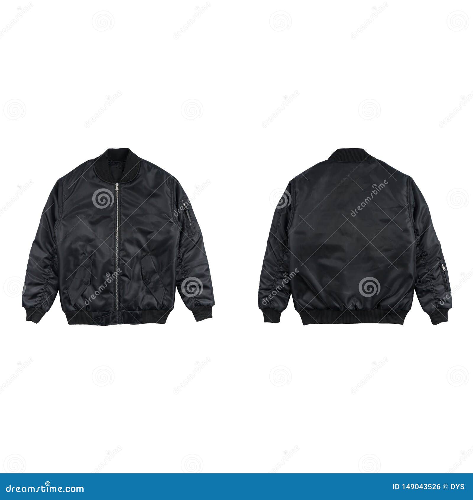 Blank Plain Bomber Jacket Isolated On White Background. Black Bomber