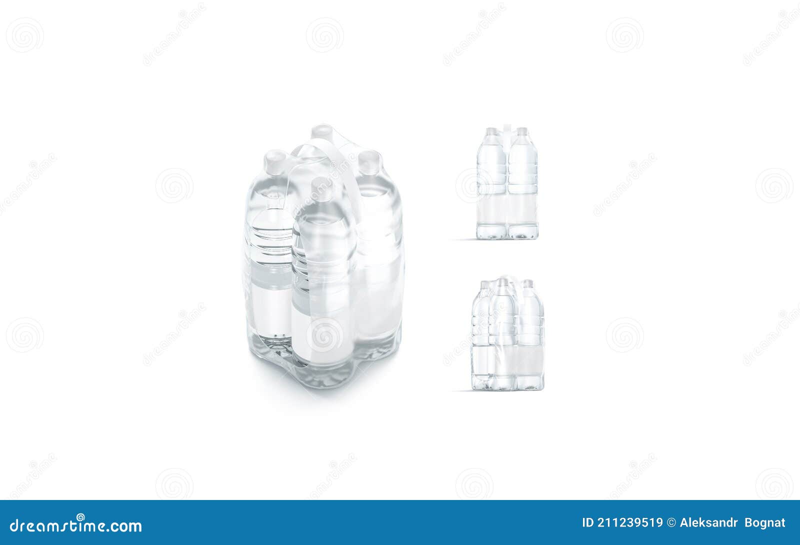 blank plastic bottle in transparent shrink wrap mockup, different views