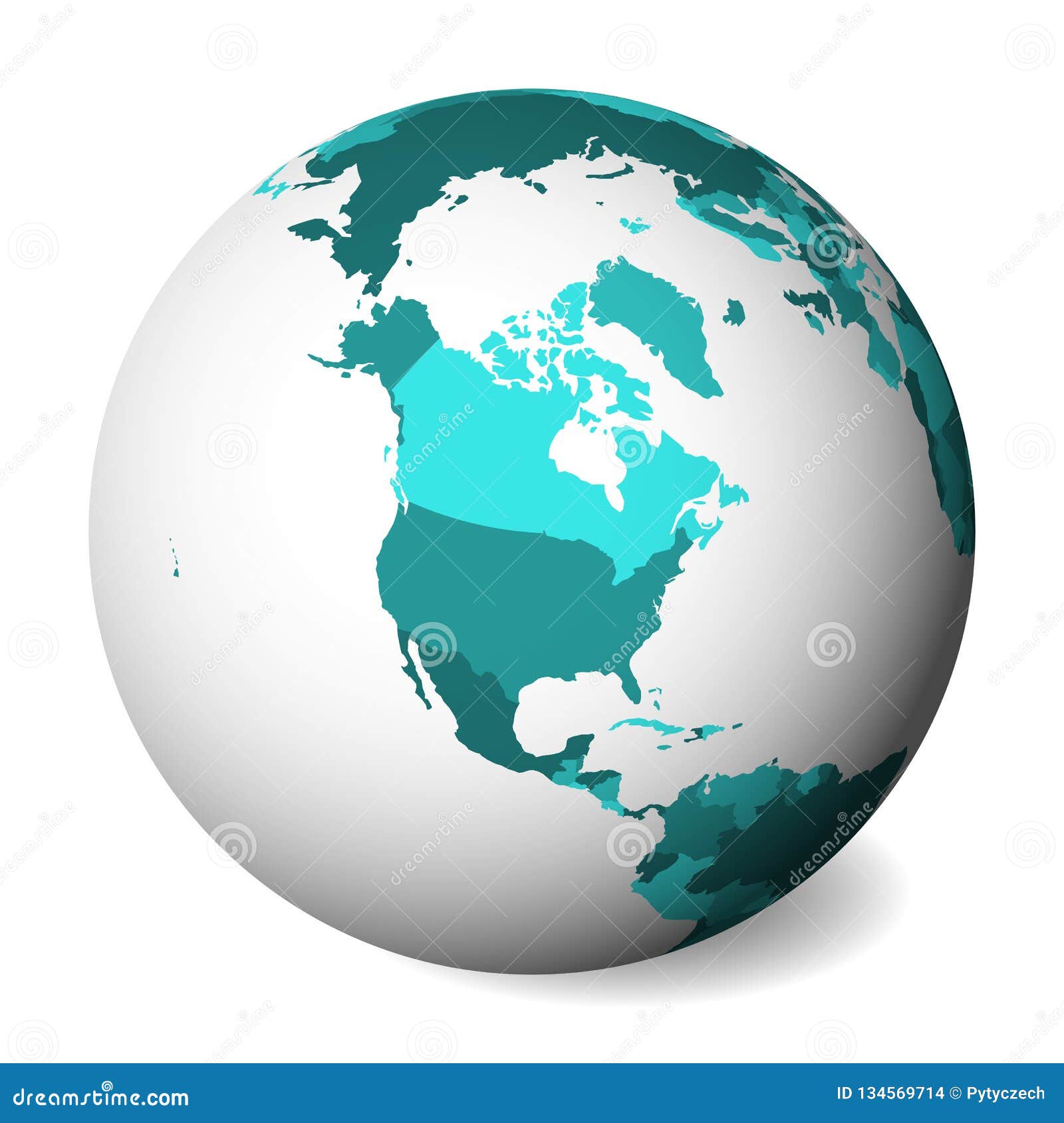 Blank Political Map of North America. 3D Earth Globe with Turquoise