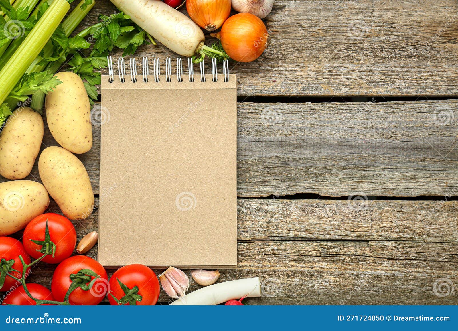 Blank Recipe Book and Different Ingredients on Wooden Table, Flat Lay