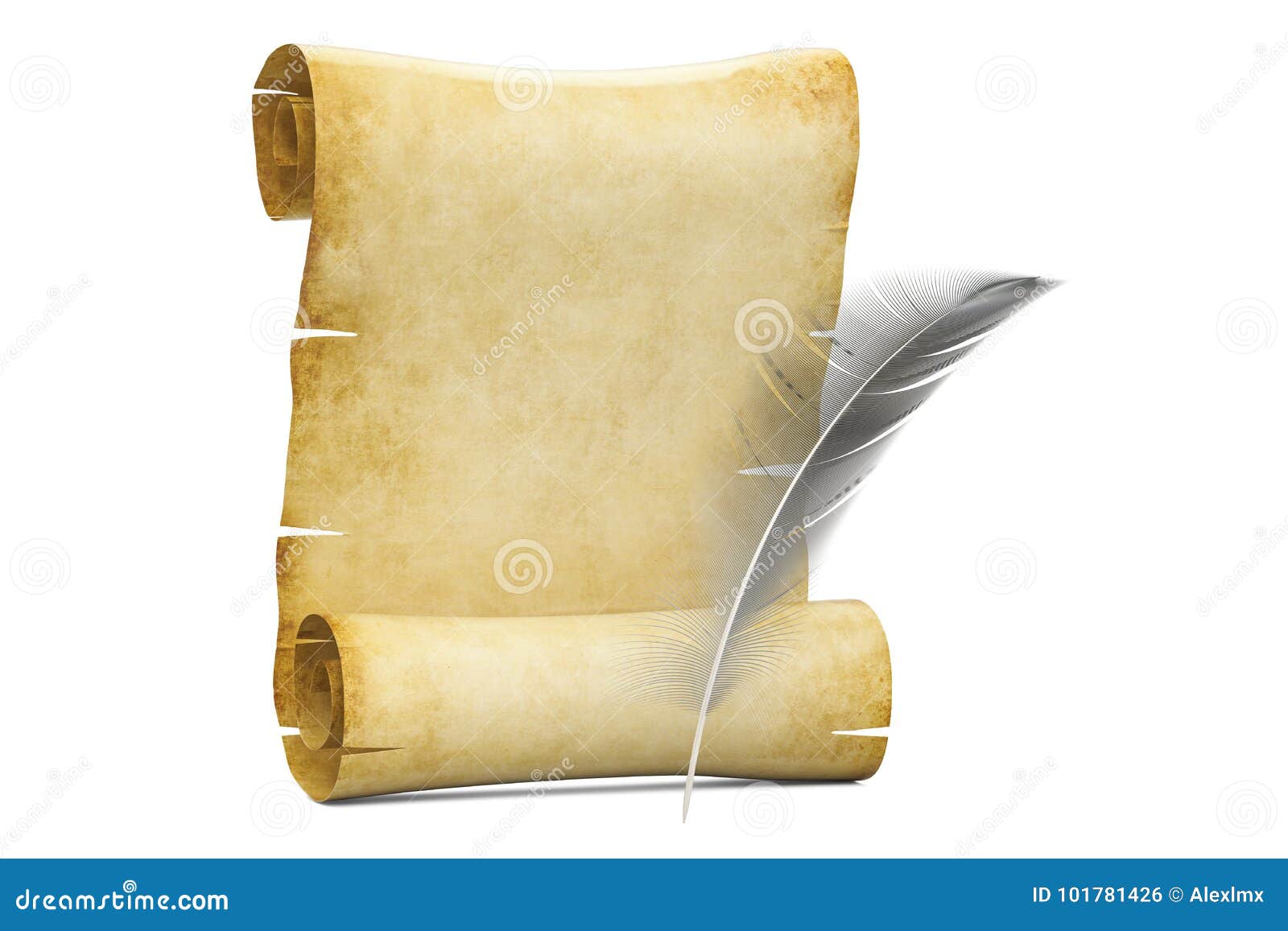 blank roll of papyrus with feather, 3d rendering