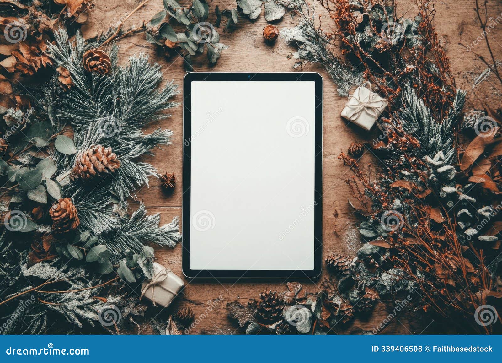 blank screen and christmas tree branches on wooden background with lights. space for text.