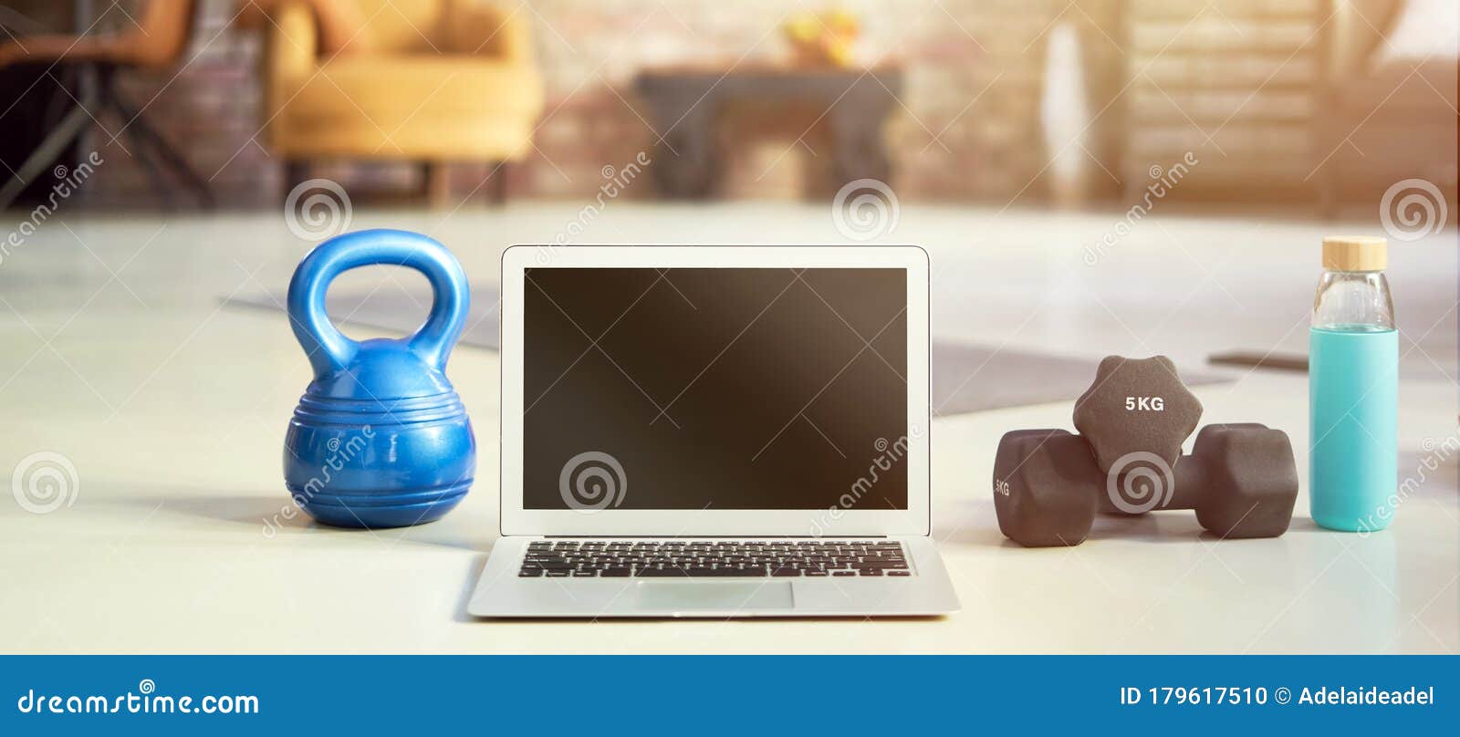 Blank Screen Laptop and Fitness Equipments at Home. Concepts about ...