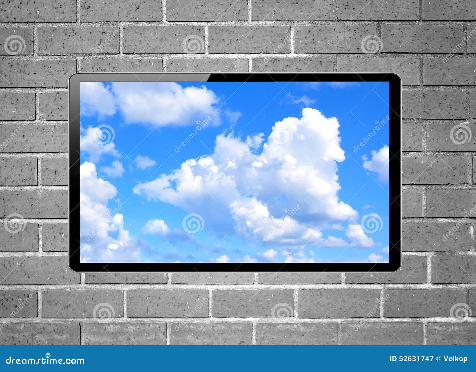 Blank Screen LCD Tv with Blue Sky Hanging on a Wall Stock Image Image
