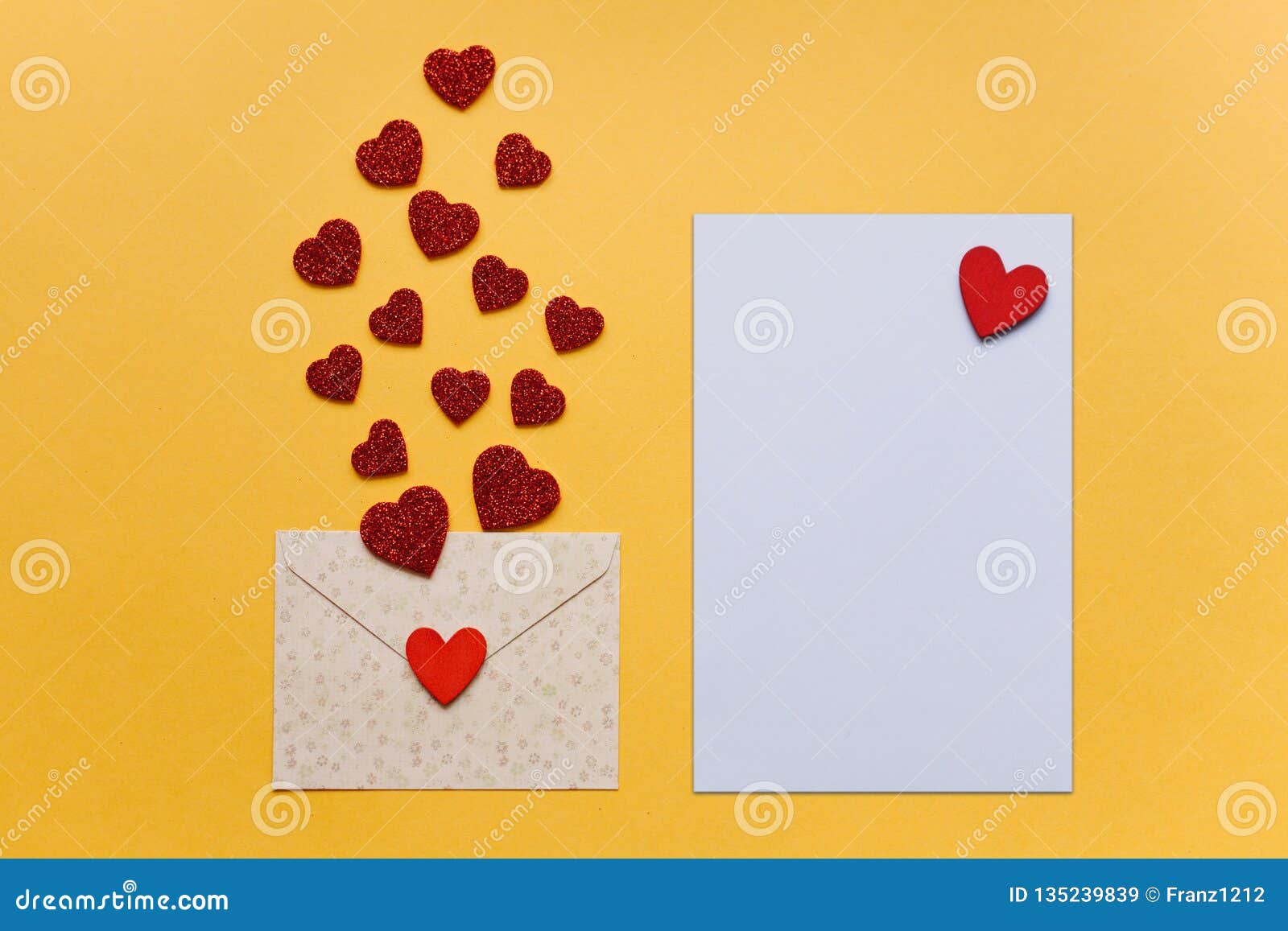 Blank Sheet with Red Heart for Text or Write. Near an Envelope