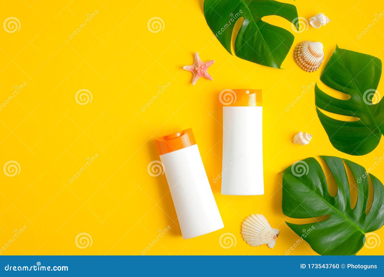 Blank Sunscreen Bottles Mockup without Labels, Tropical Leaves and ...