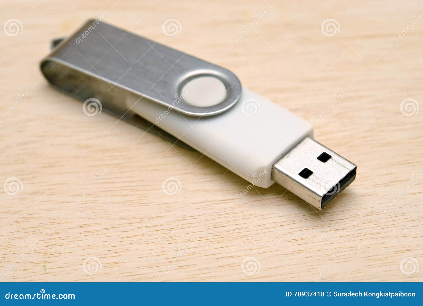 Blank USB Thumb Drive Isolated on Wooden Board Background Stock Photo