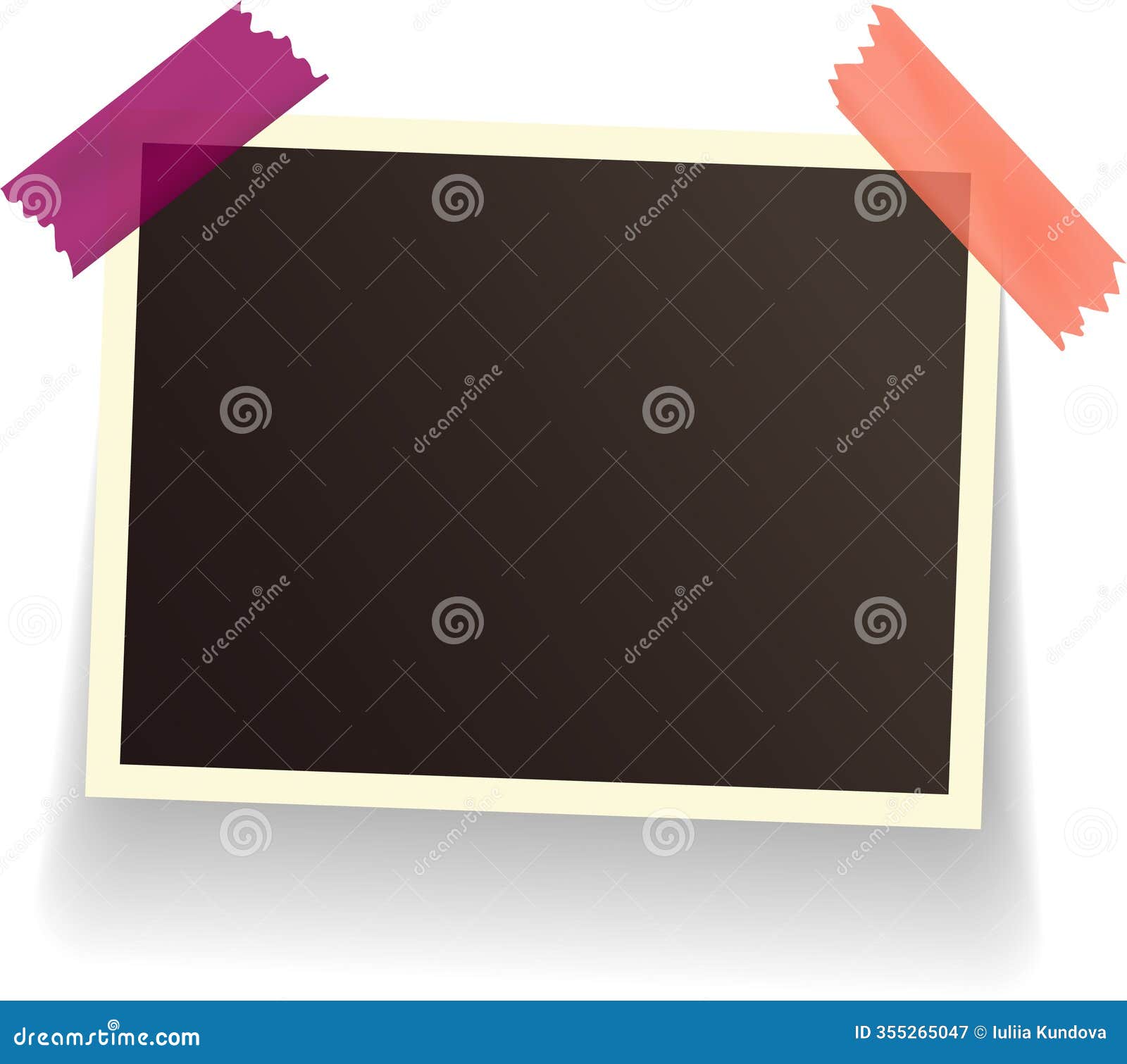 blank vintage photo print is being attached with two pieces of colorful adhesive tape to a white background, creating a