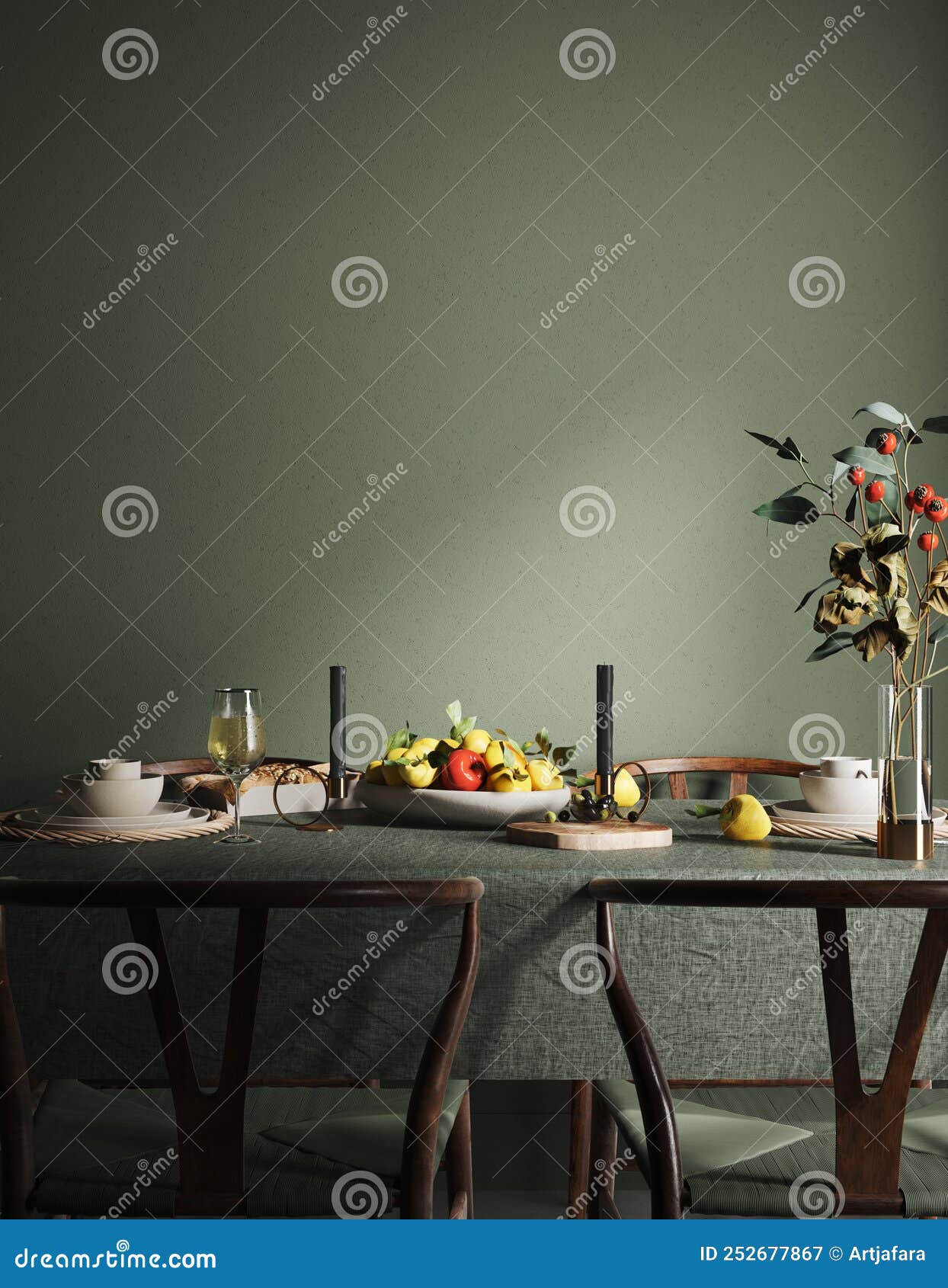 Blank Wall in Cozy Dark Dining Room Interior Stock Illustration - Illustration of business ...