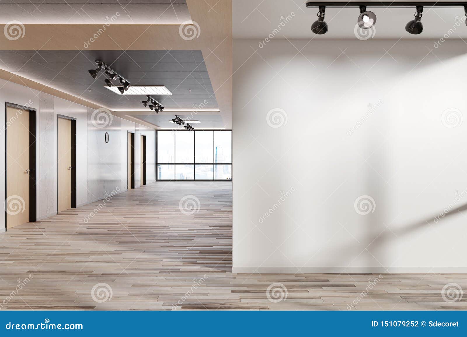 Blank Wall In Office Mockup With Large Windows And Sun ...