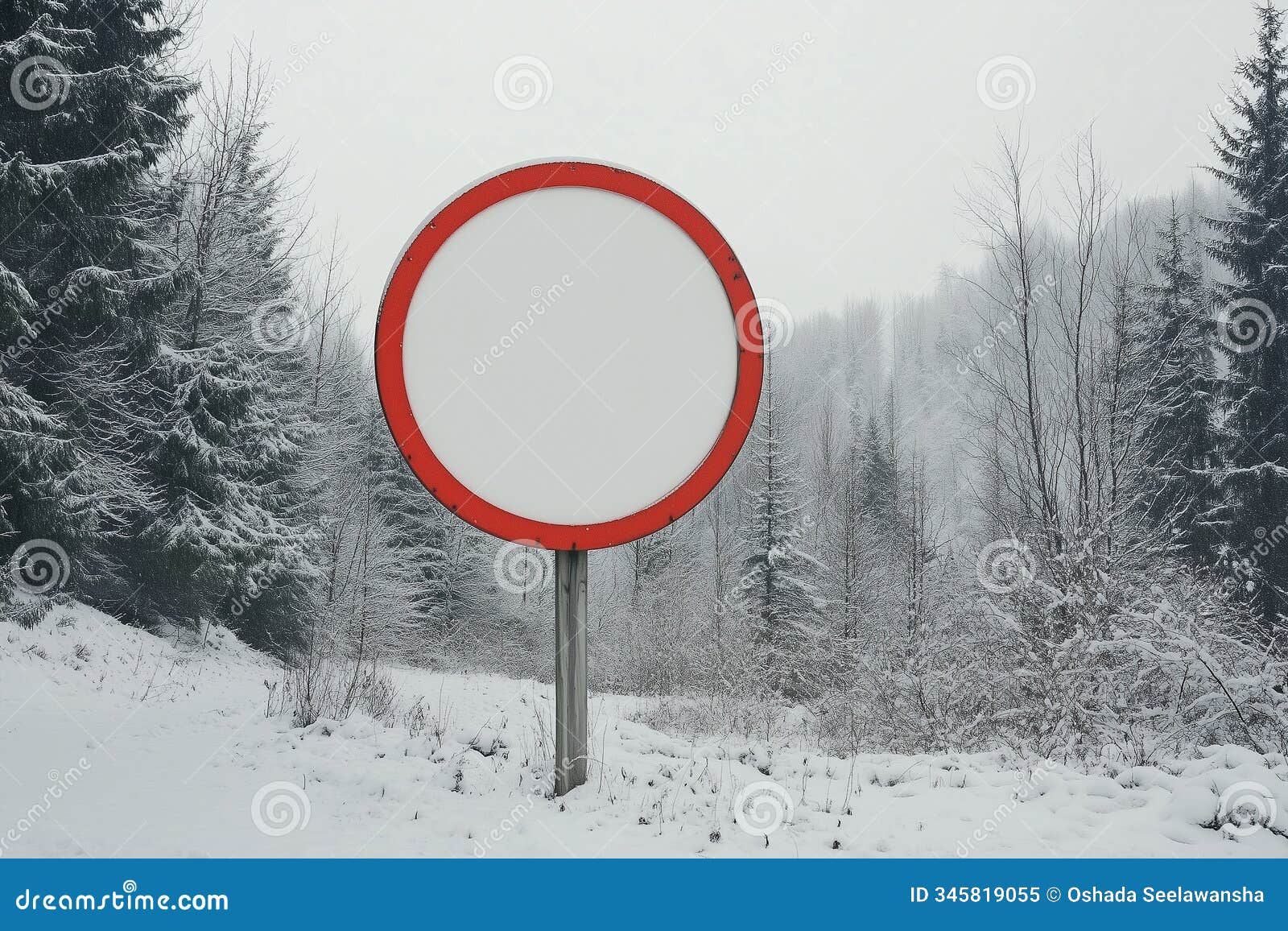 blank warning sign board at road winter background as a mockup for sign board