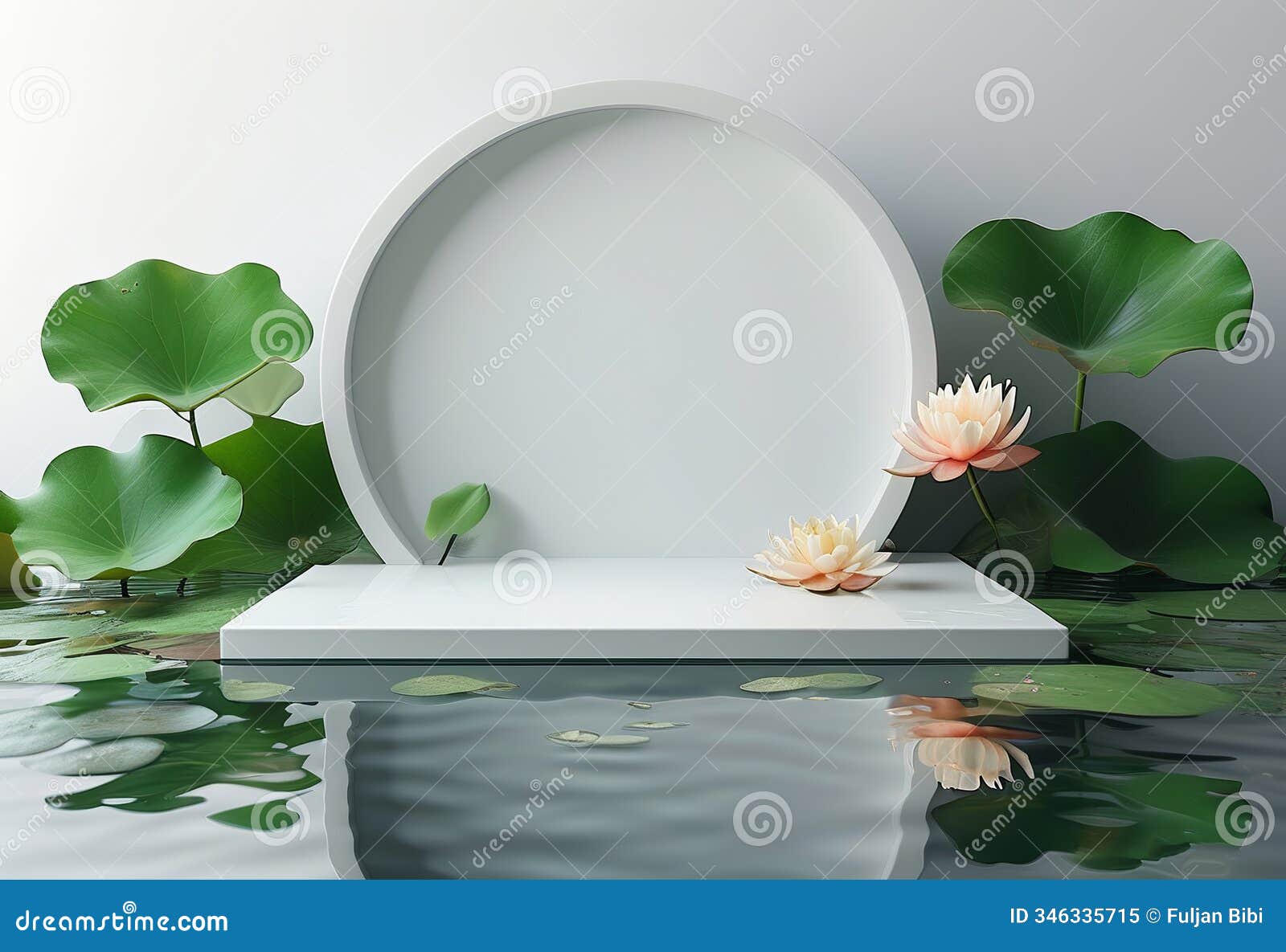 blank water-themed podium with subtle lily pad reflections.