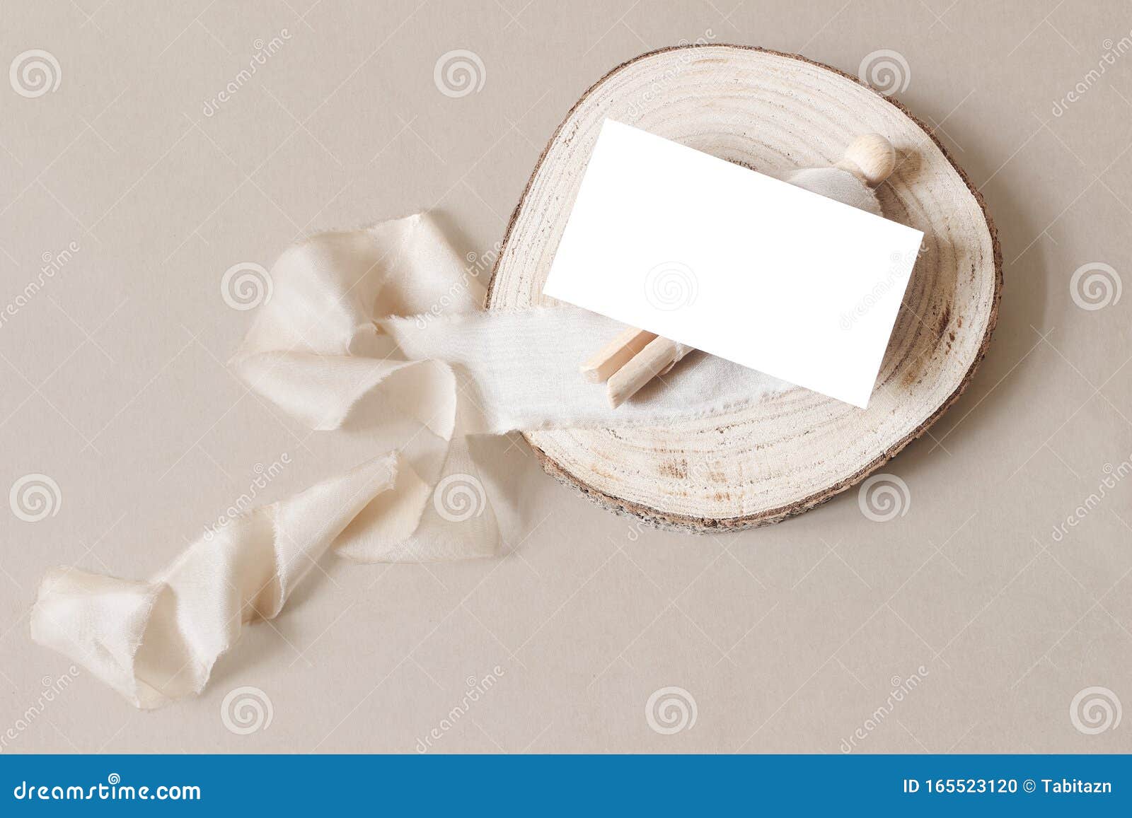 Download Blank White Business Card Mockup On Wooden Plate With Spool And Silk Ribbon Beige Table Backgound Branding Identity Stock Photo Image Of Beige Branding 165523120