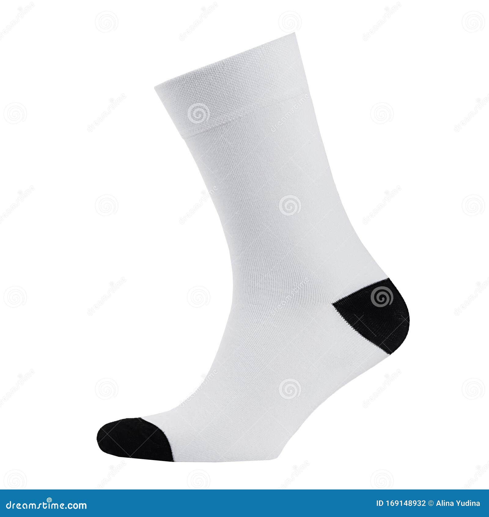 blank white cotton long sock with black heel on invisible  foot  on white background as mock up for advertising, branding.