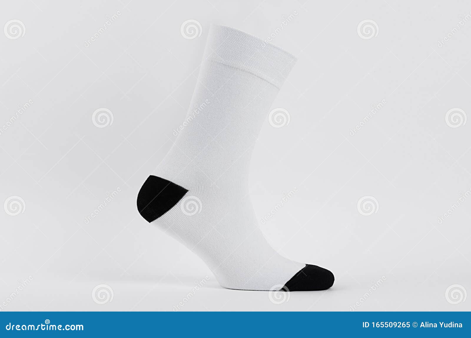 Blank White Cotton Long Sock with Black Heel on Invisible Foot on White ...
