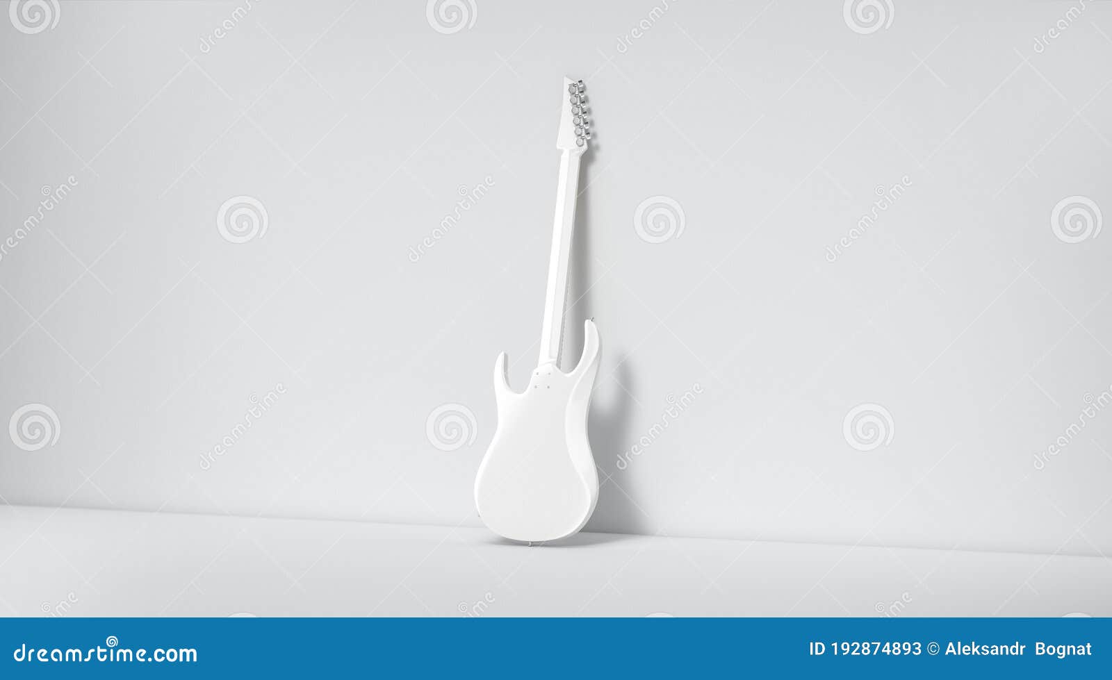 blank white electric guitar mockup, stand near wall, backside view