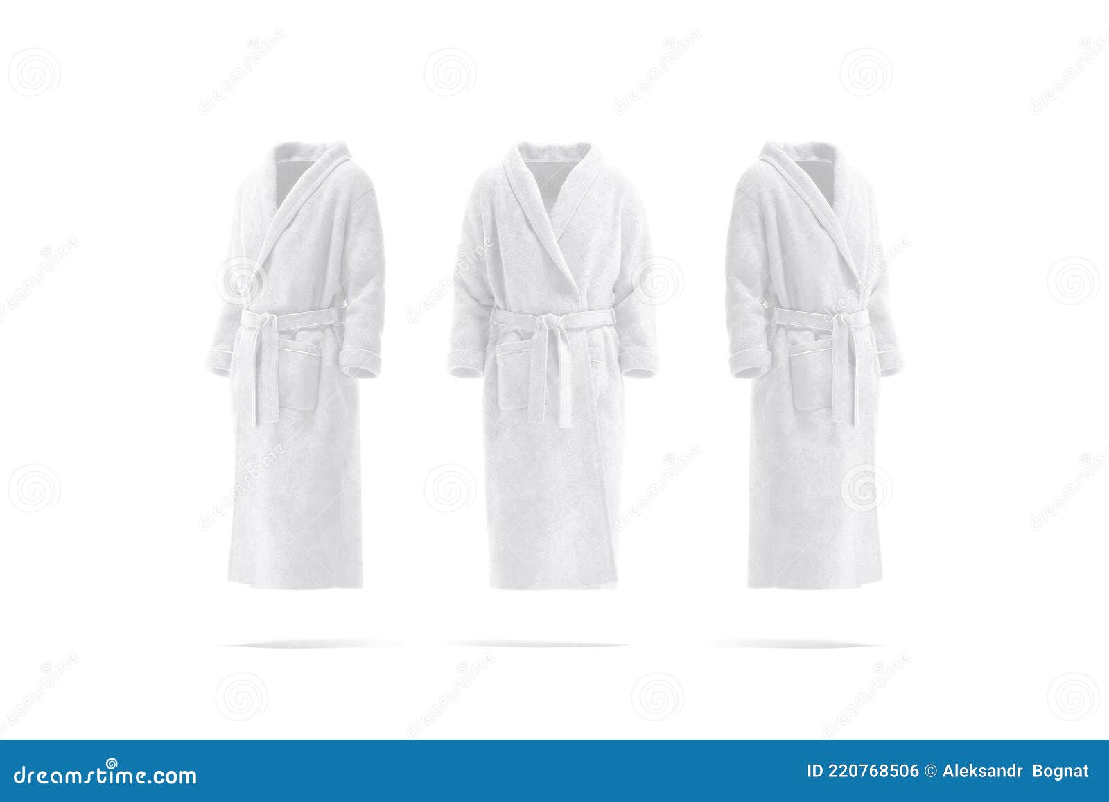 blank white hotel bathrobe mockup, front and side view