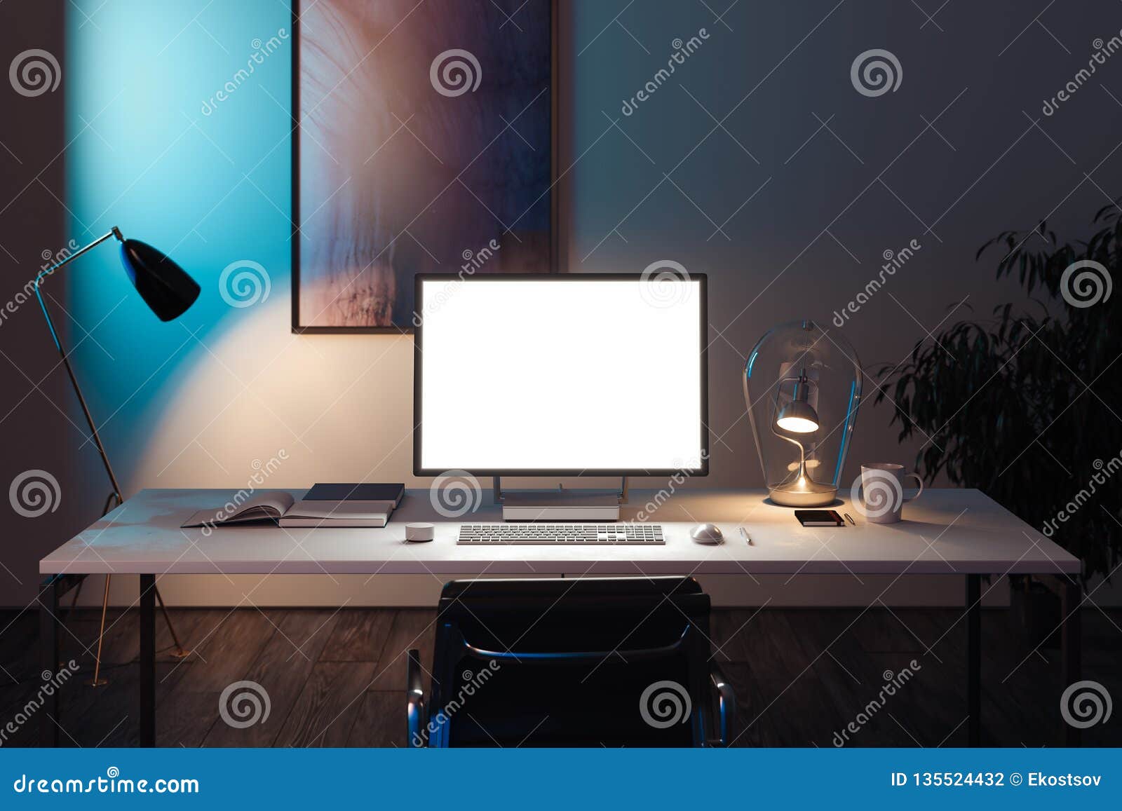 Blank White Monitor Keyboard And Computer Mouse At Desk 3d