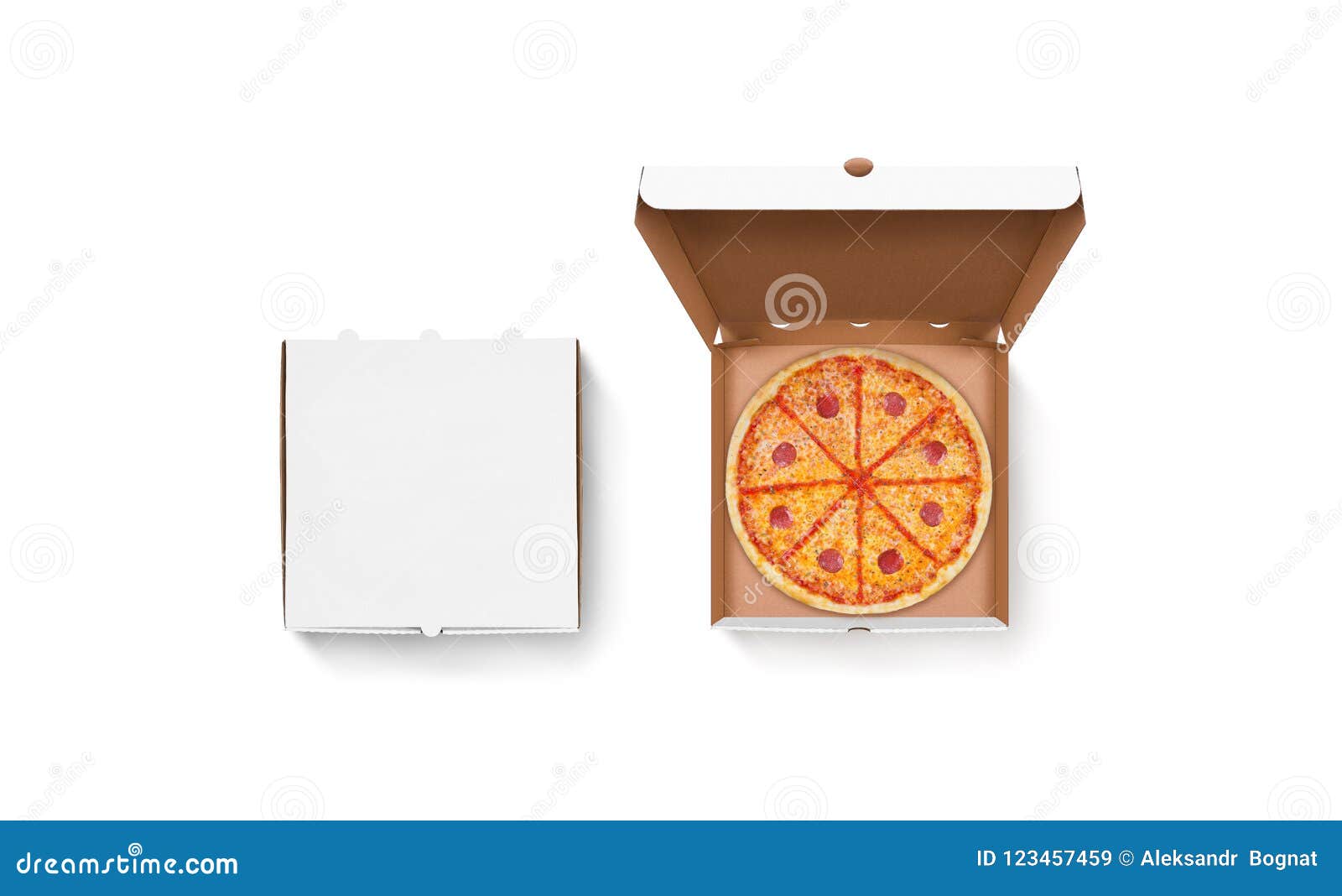 Open empty craft cardboard pizza box inside, isolated on a white  background. Top view. Stock Photo