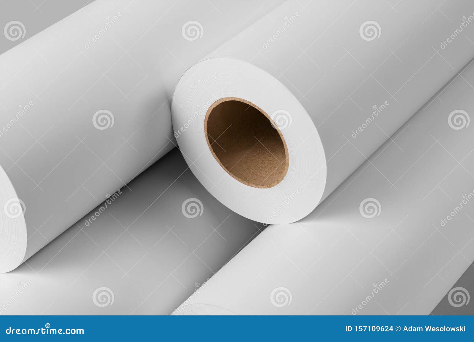 Download Blank White Paper Rolls Mockup Isolated On Gray Background Stock Photo Image Of Gift Banner 157109624