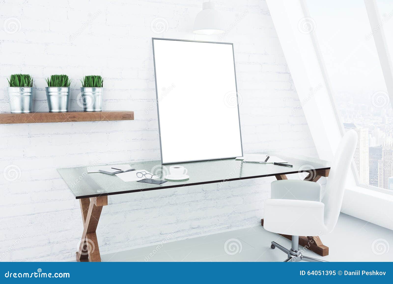 Blank White Picture Frame on Glassy Table in Modern White Style Stock