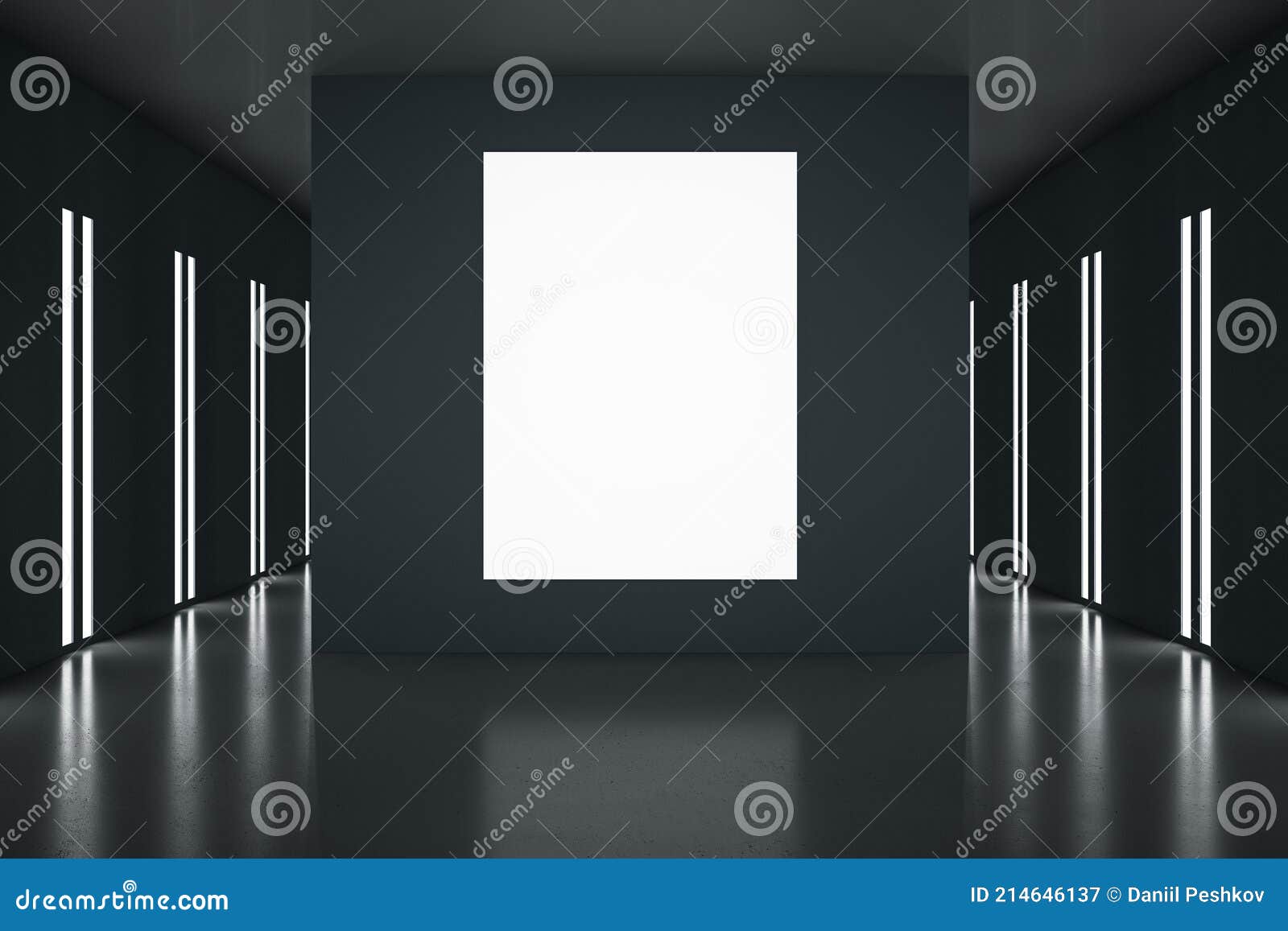 Blank White Poster in Dark Hall with Black Floor, Ceiling and Led ...