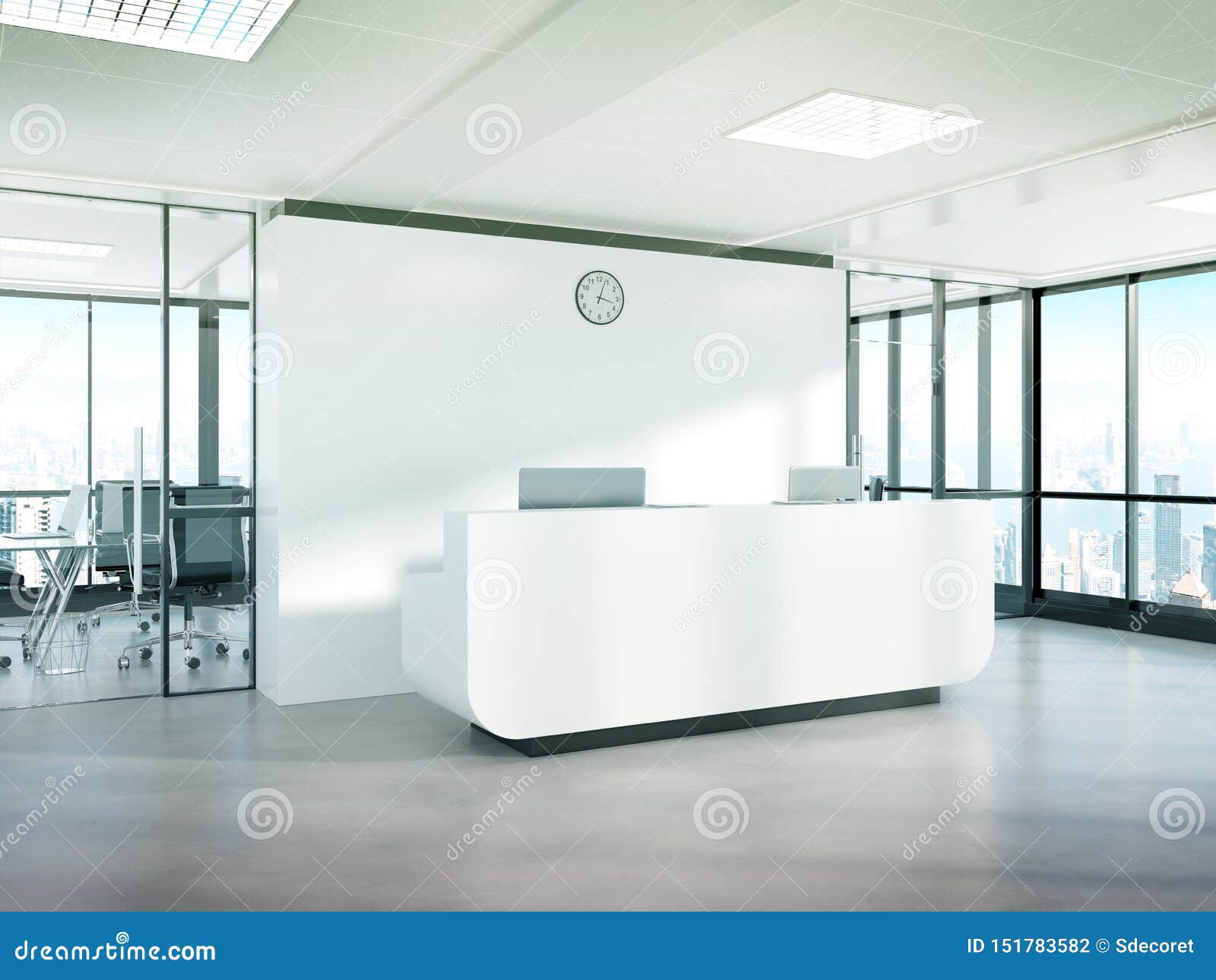 Download Blank White Reception Desk In Concrete Office With Large Windows Mockup 3D Rendering Stock ...