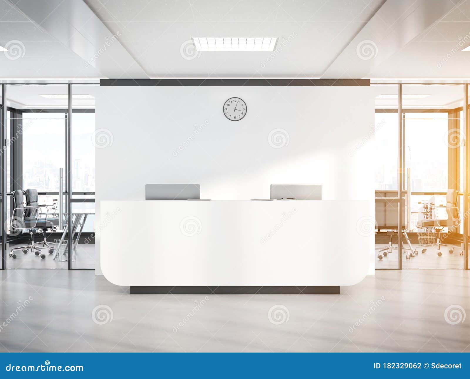Download Blank White Reception Desk In Concrete Office With Large Windows Mockup 3d Rendering Stock Illustration Illustration Of Logo Background 182329062