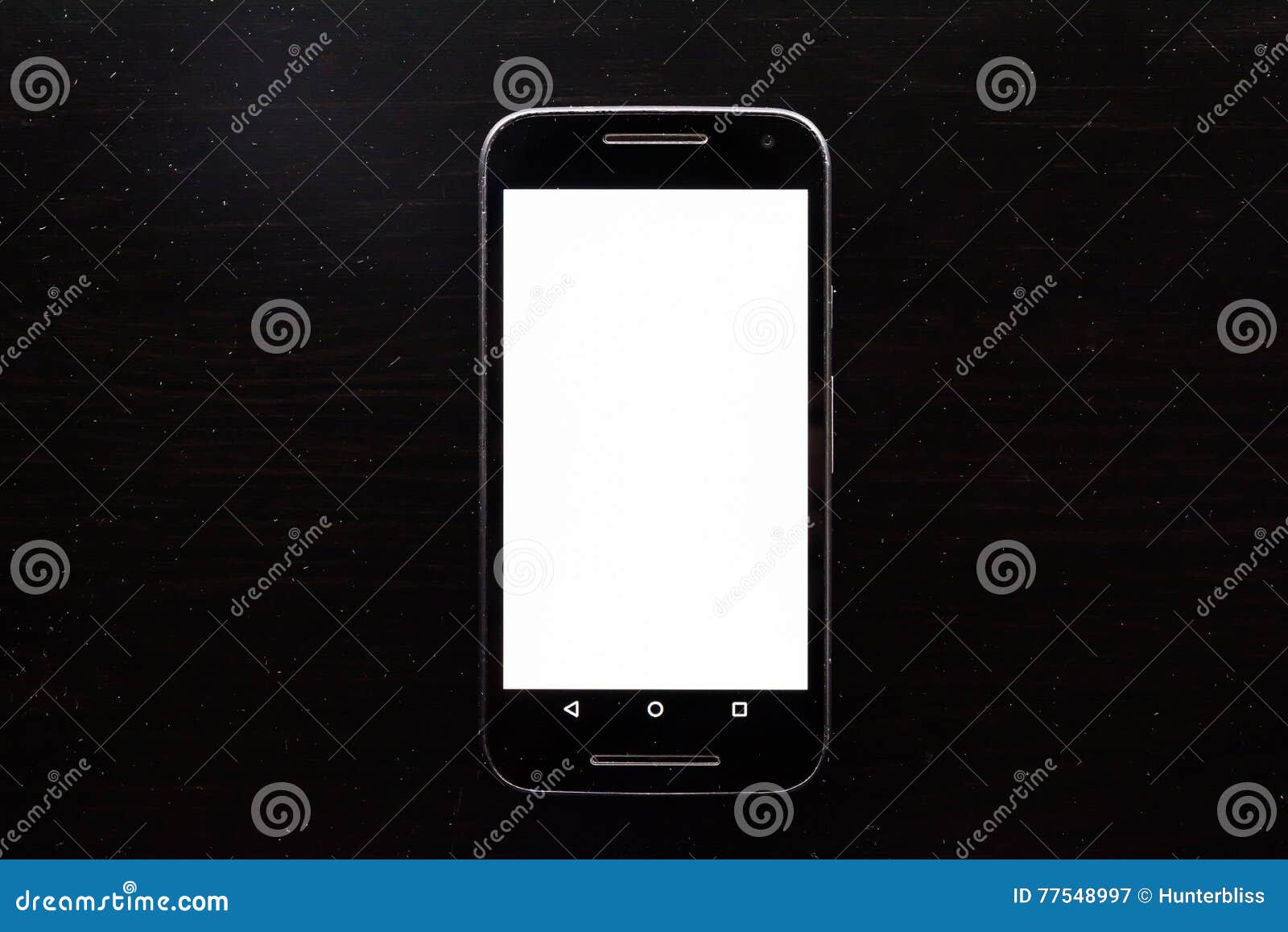 blank white screen frame cell phone android black wood desk