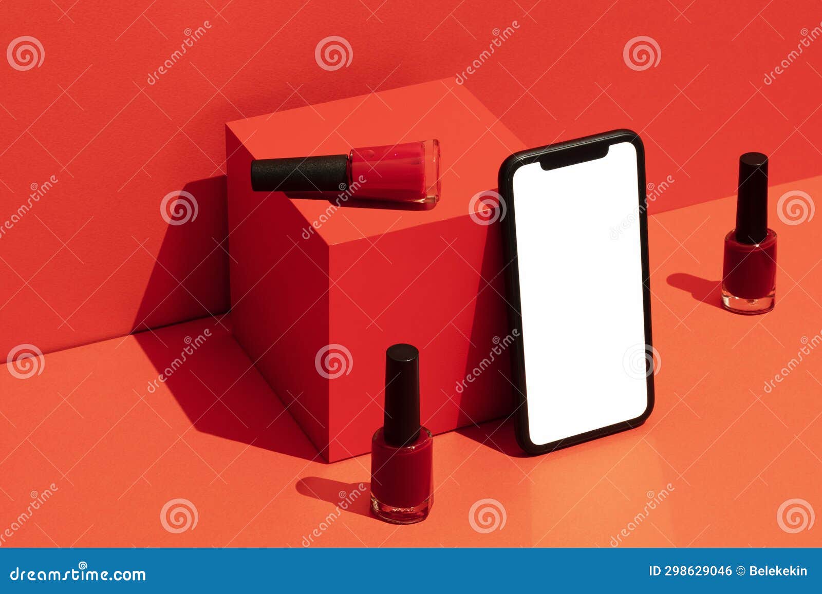 Blank White Screen Smart Phone Mockup on Red Background with Red Nail