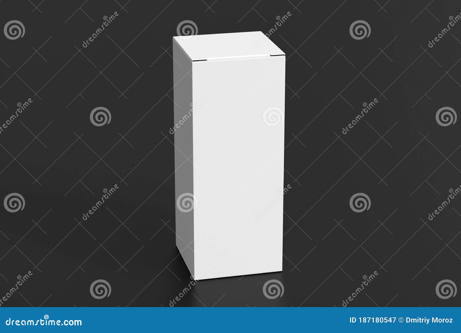 blank white tall and slim gift box with closed hinged flap lid on black background.