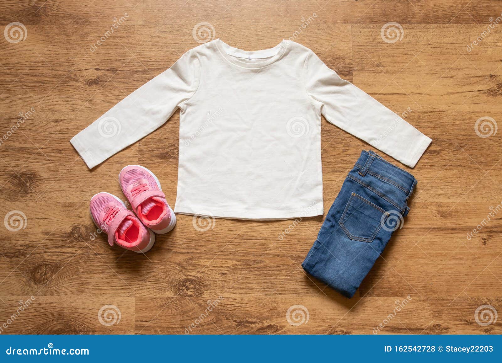 Blank White Toddler Girl Long Sleeved T Shirt With Sneakers Trainers And Jeans Props Stock Photo Image Of Isolated Garment 162542728