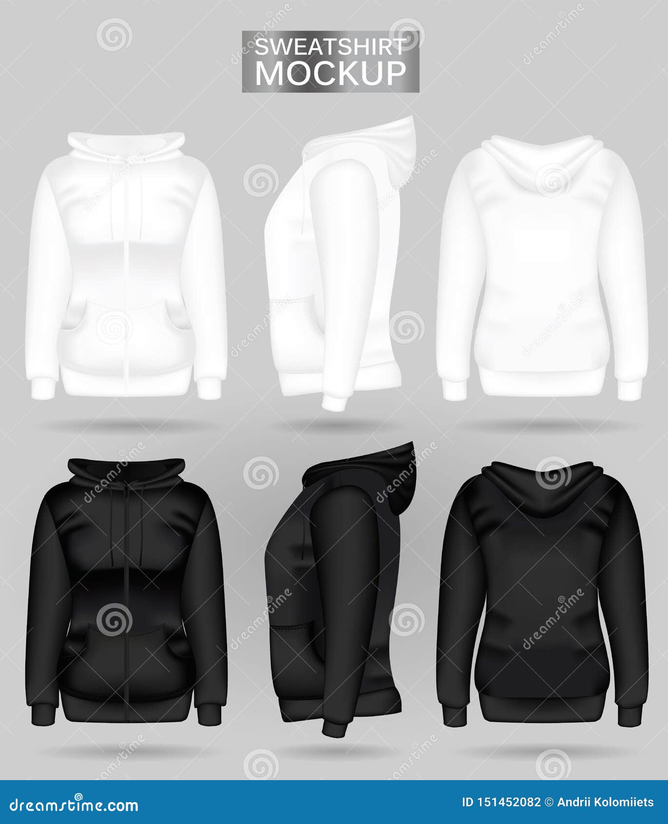 Blank Women`s White and Black Sweatshirt Hoodie in Front, Back and Side ...