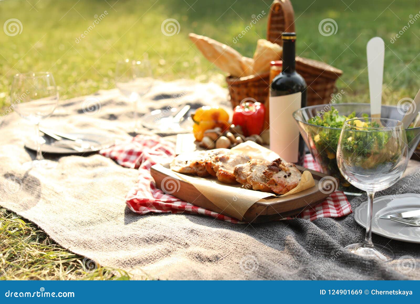 Blanket with Food Prepared for Summer Picnic Stock Image Image of
