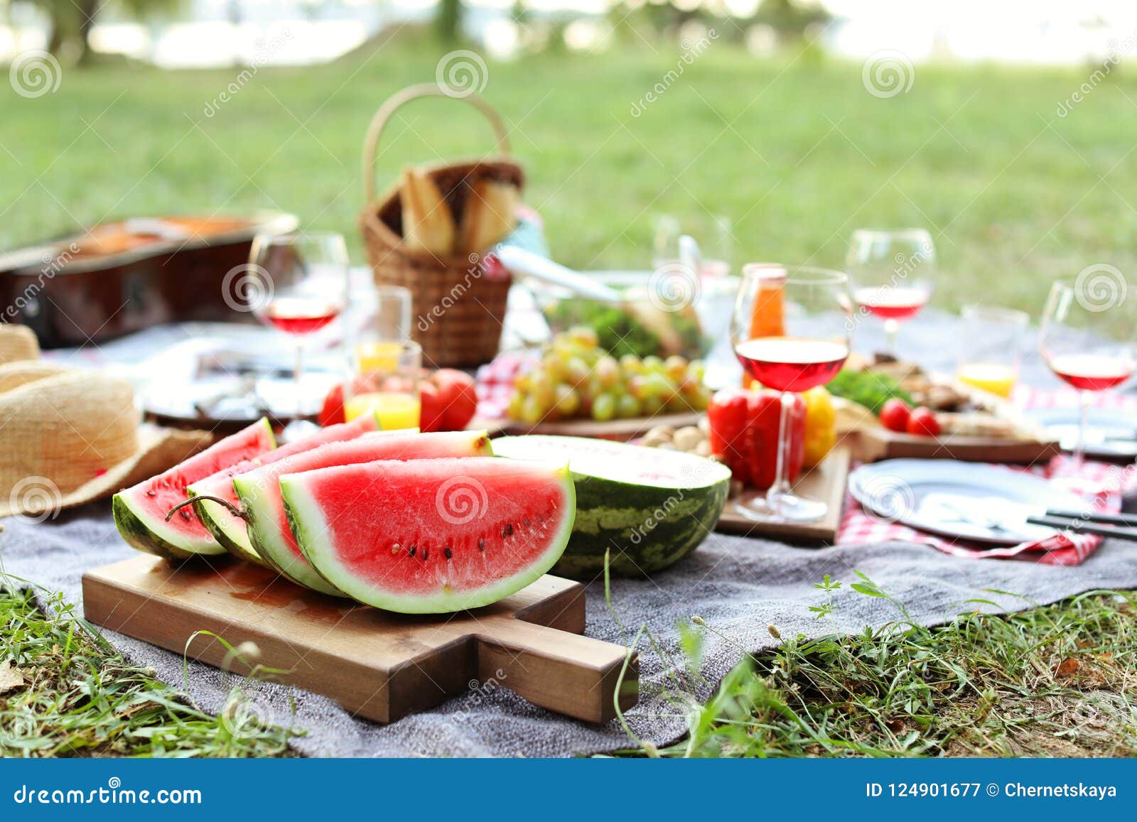 Blanket with Food Prepared for Summer Picnic Stock Image Image of