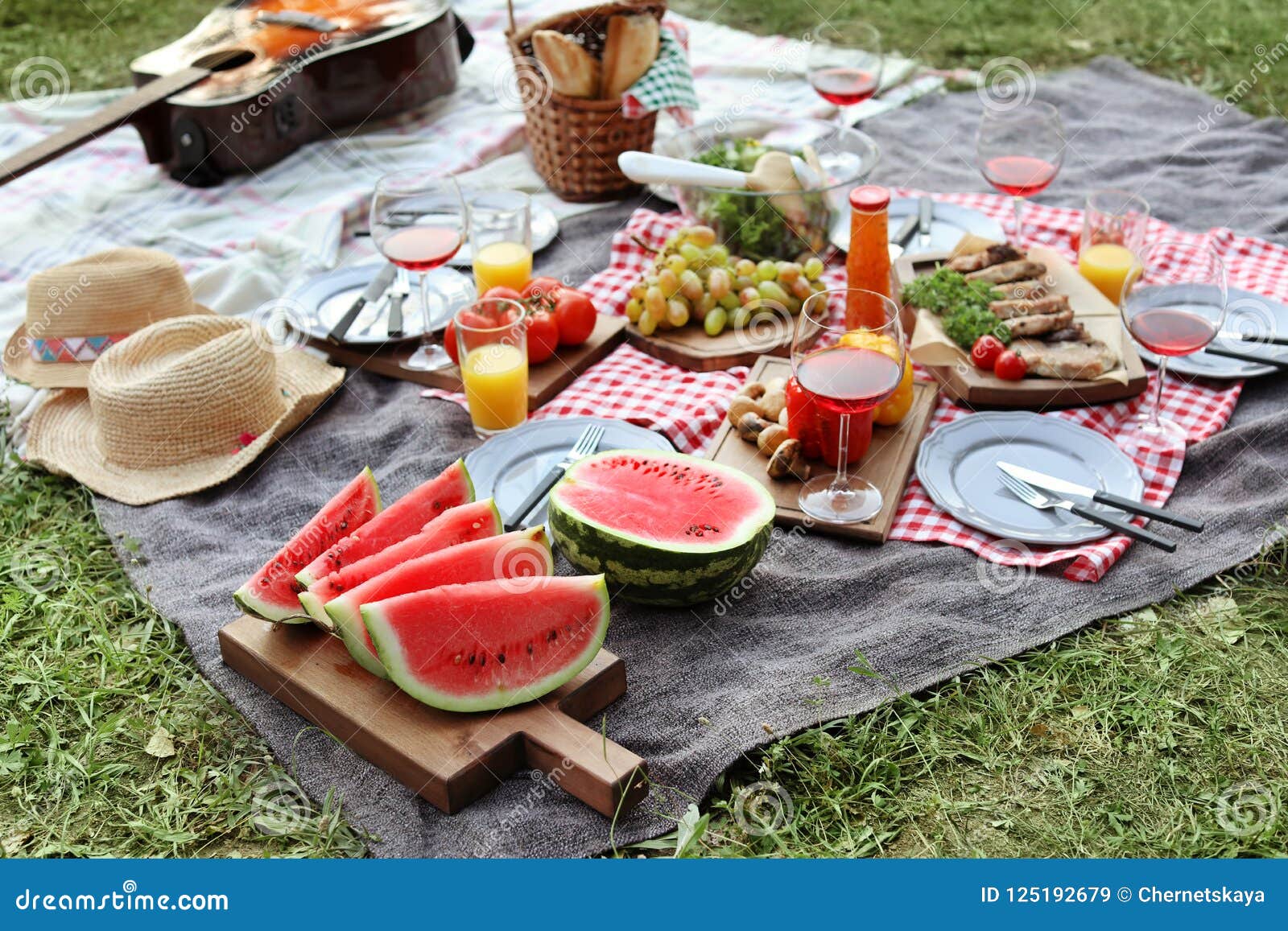 Blanket with Food Prepared for Summer Picnic Stock Image Image of