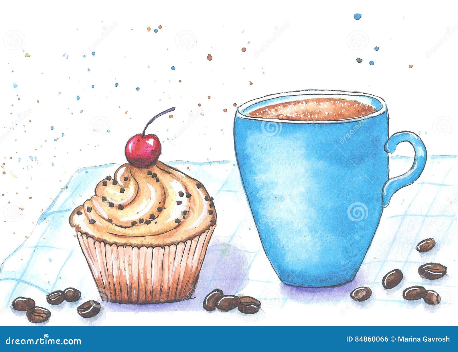 Blaue Kaffeetasse Und Kuchen Auf Einer Karierten Serviette 