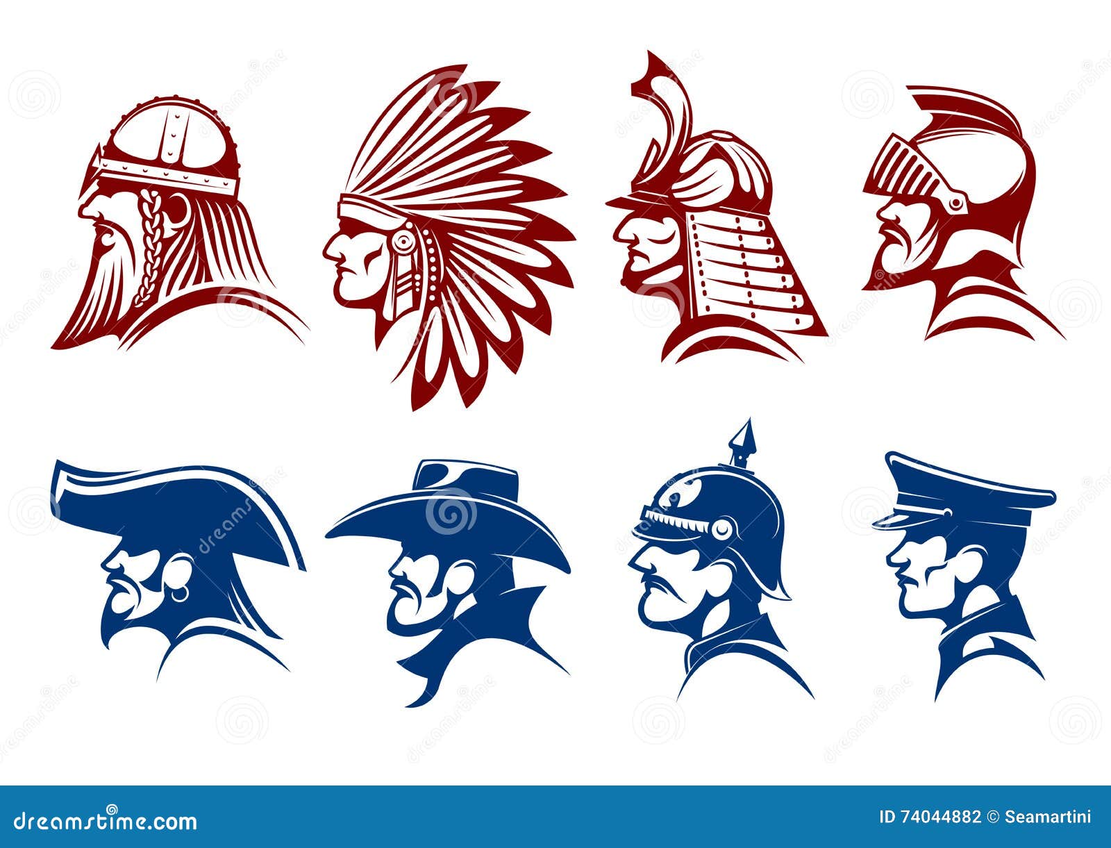 Blaue Und Braune Ikonen Von Kriegern, Soldatsymbole Vektor Abbildung