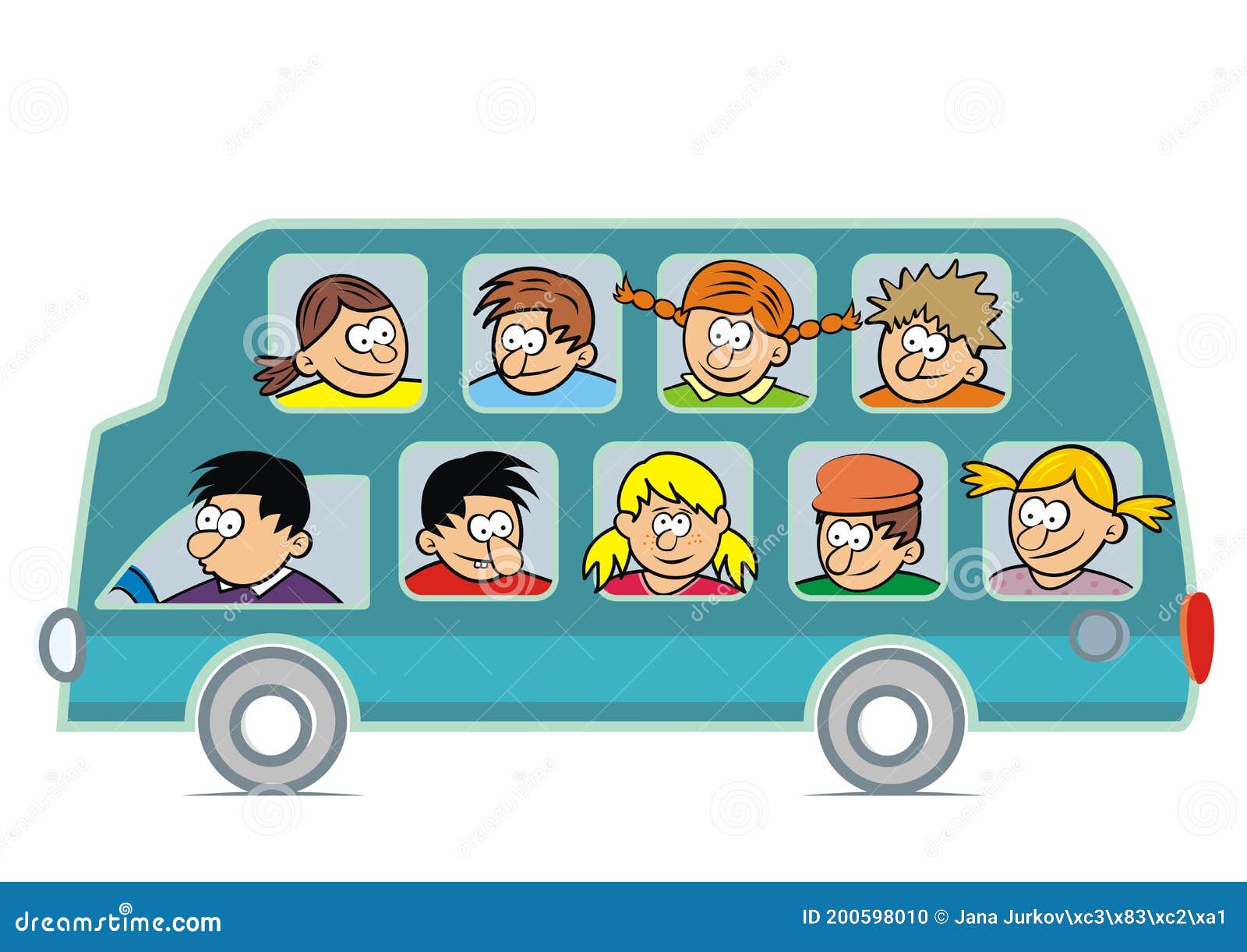 Blauer Bus Mit Menschen, Lustige Vektorillustration Vektor Abbildung