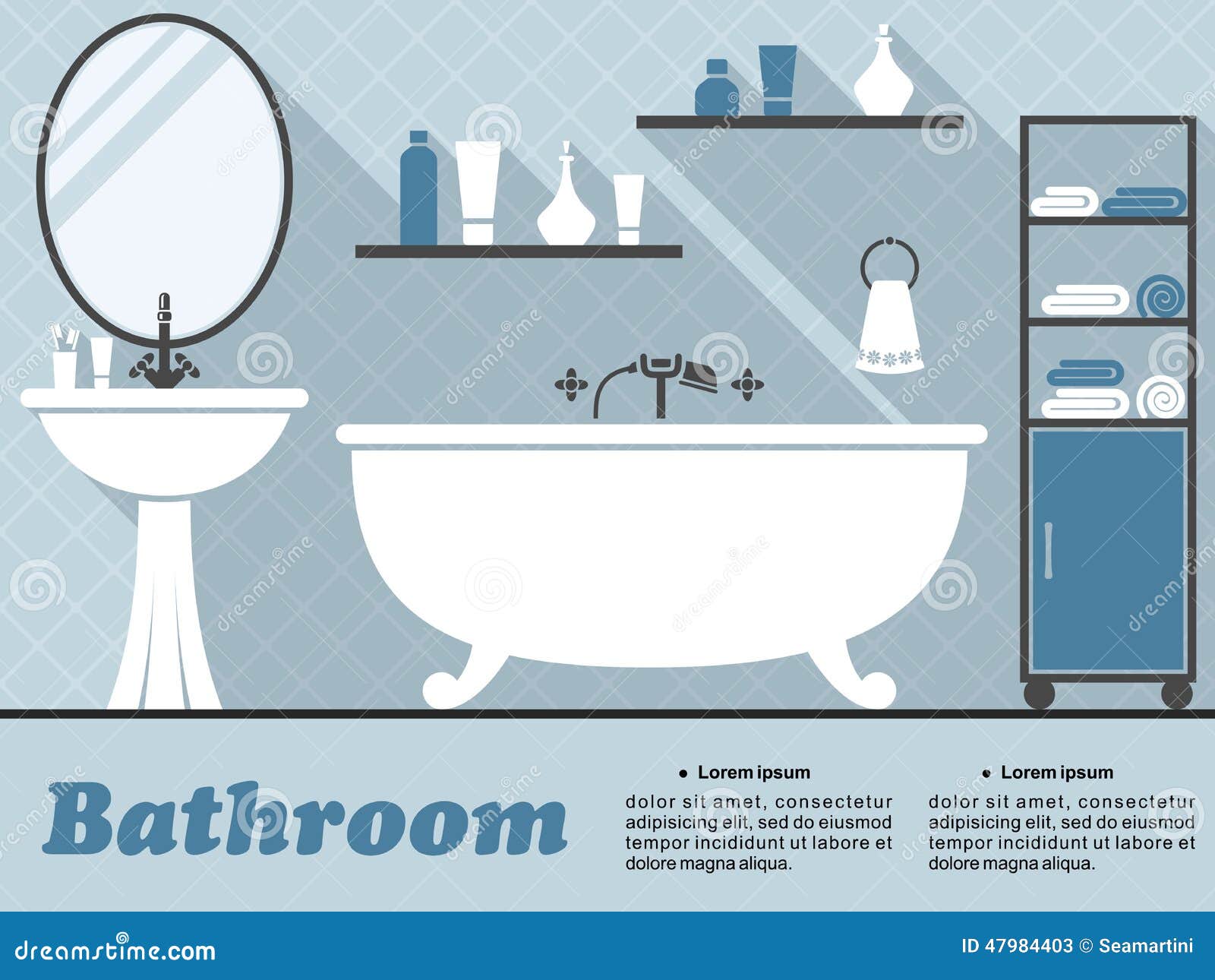 Blaues Badezimmer Inneninfographic Vektor Abbildung - Illustration von