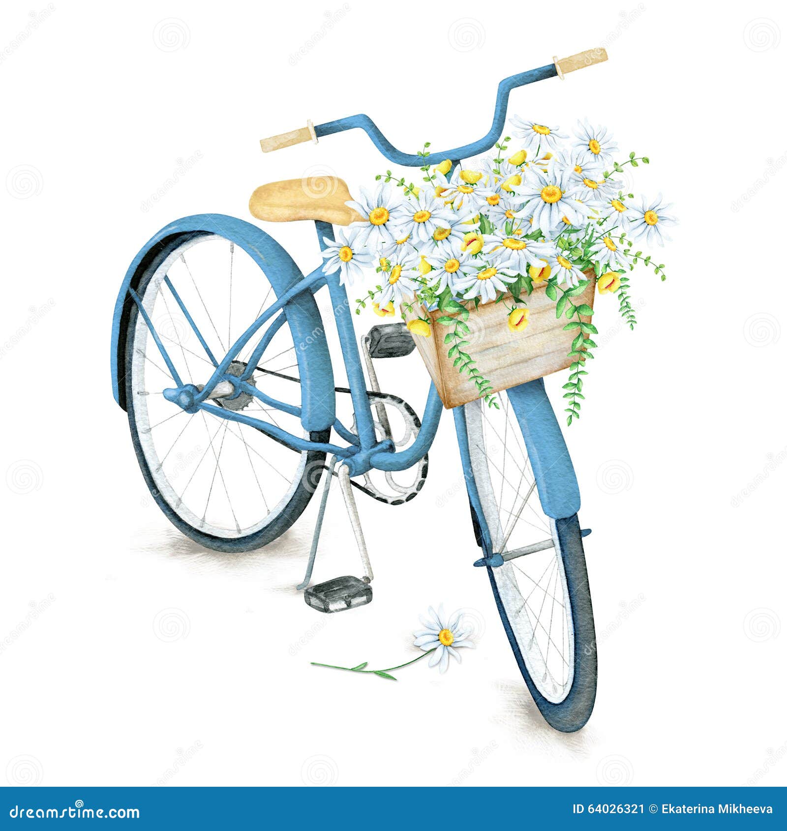 Blaues Fahrrad Des Aquarells Mit Schönem Blumenkorb Stock