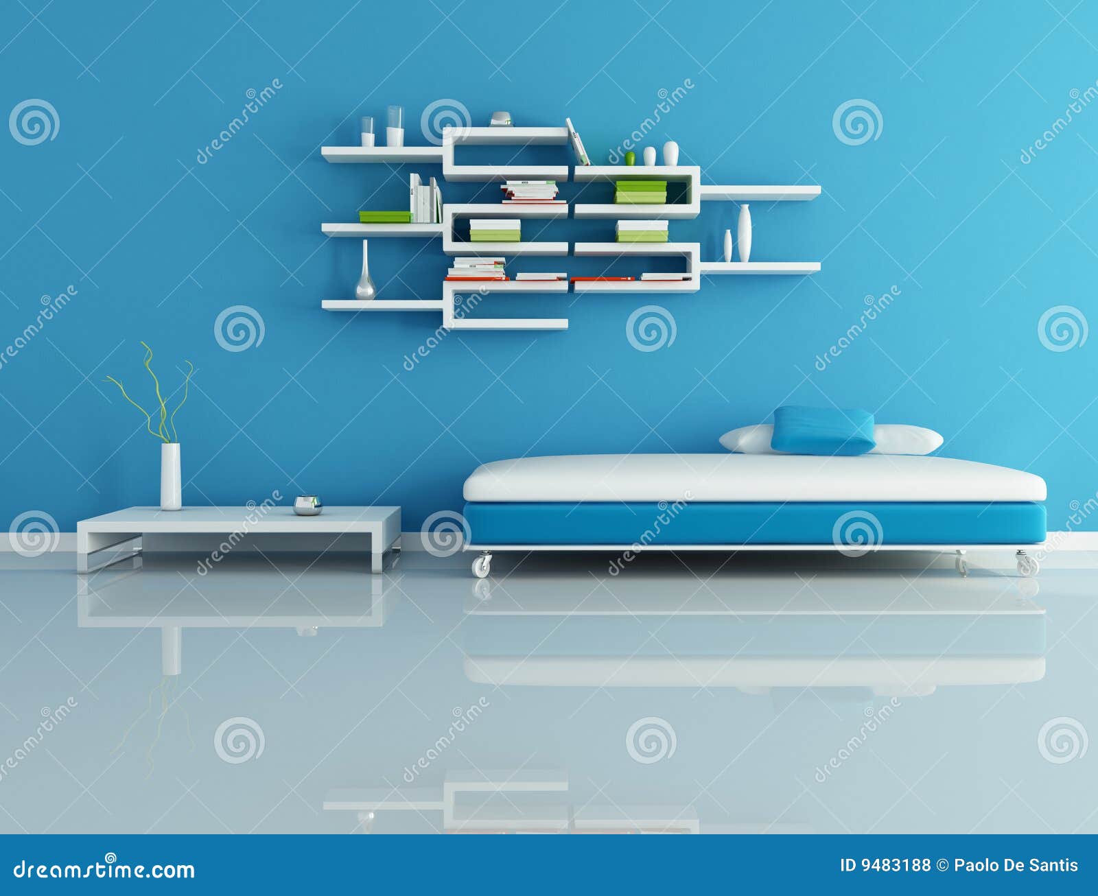 Blaues modernes Wohnzimmer stock abbildung. Illustration von leben