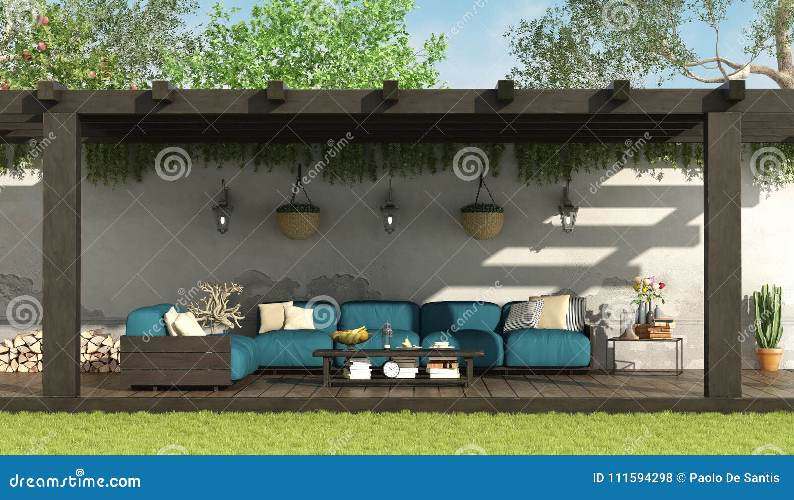 Blaues Sofa unter einer hölzernen Pergola in einem Hausgarten - Wiedergabe 3d
